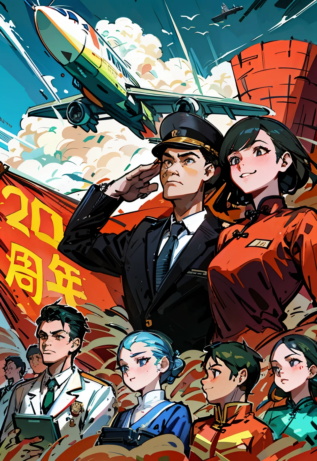 (masterpiece), (best quality), (Exquisite details), Poster, Chinese , Wide-angle lens, a group of people, Chinese 微笑, Airline stewardess, fireman，doctor，pilot，Coveralls, firm expression, Half-naked arms, passing flyer, gear, and passenger plane sky, Chinese Red Flag, (Red) Flag with gear and Wheat Print, city View, architecture, High-speed rail trains,  manifesto, Chinese,