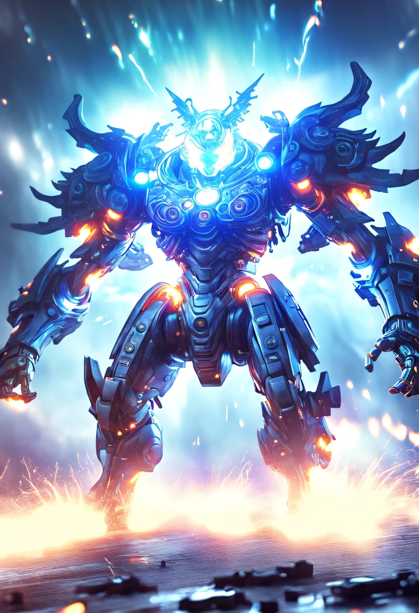 (battlefield background:1.8),On the war zone,There are a lot of wars,Gunsmoke fills,(Legendary Energy Light Warrior:1.5),Sci-fi transparent ethereal shield,future warrior,Mechanical Warrior,mechanical structure,cyberpunk,Holographic projection,fault art,mechanical aesthetics,neon lights,laser light,fluorescence,glow effect,liquid metal,Copper plate engraving,Unreal Engine