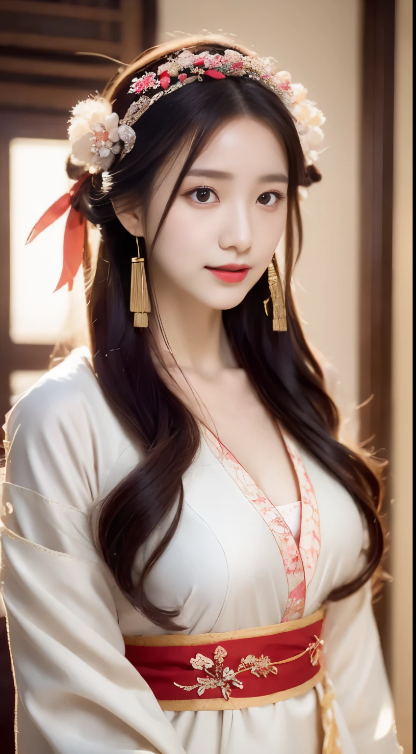 A woman dressed in red, with a hairpin on her head, sitting, large breasts, exposed breasts seen from below, gold crown, girl, Chinese style, artist, black hair, raindrops, Chinese clothes, clothes, earrings, hair accessories, (Hanfu :1.4), interior, jewelry, lips, lipstick, long sleeves, makeup, red clothes, red lips, solo, fringe, window, wisteria, Masterpiece, Best quality, official art, very detailed CG unified 8k wallpaper, (Hairpin :1.4), (Headband :1.4).