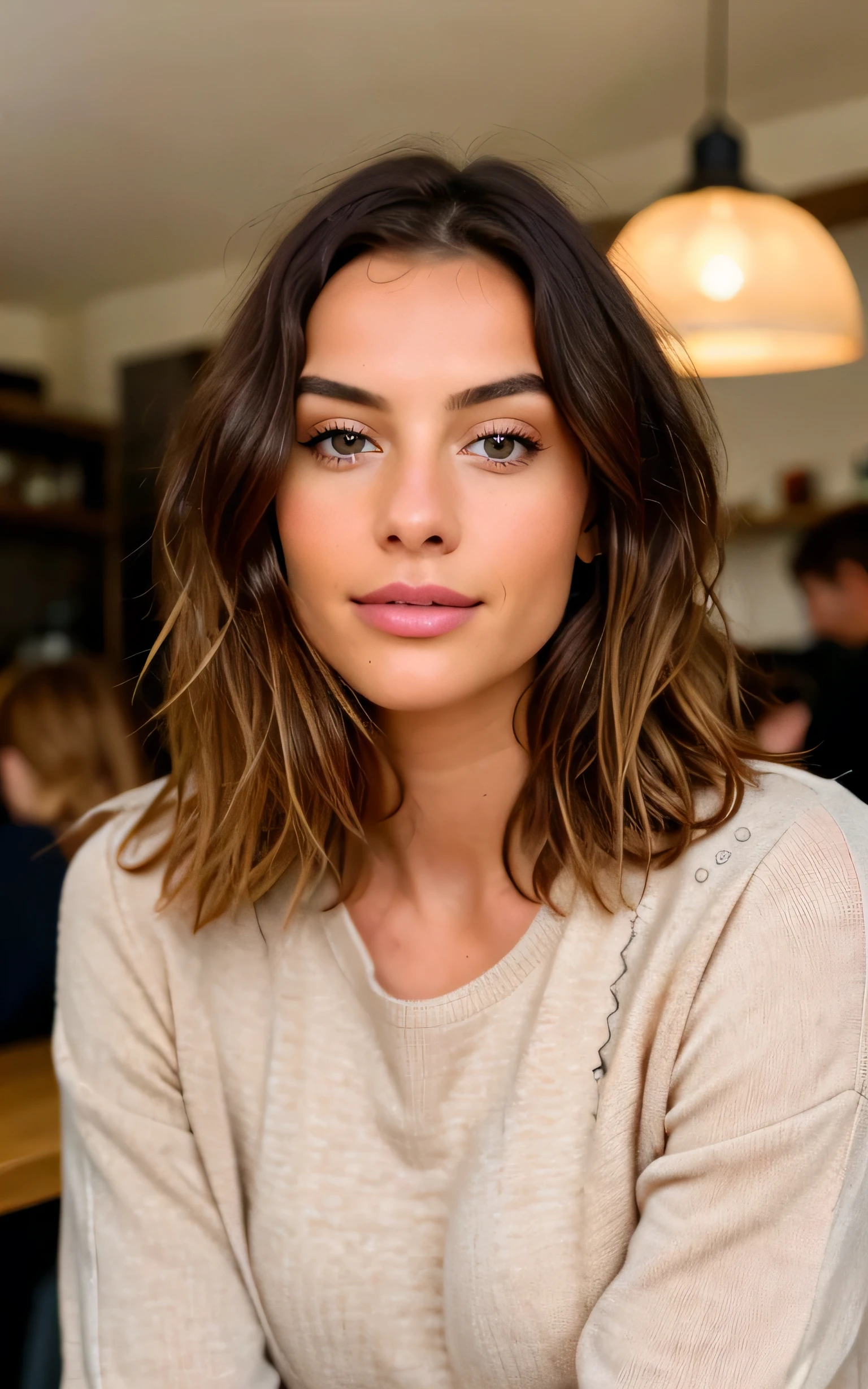 Belle brune aux reflets blonds dans un pull beige (dans un café en buvant des boissons gazeuses), Très détaillé, 22 ans, visage innocent, cheveux ondulés naturels, yeux bleus, haute résolution, chef-d&#39;ouvrages d&#39;art, La meilleure qualité, Détails complexes et élevés, Très détaillé, acuité, peau détaillée, texture de peau réaliste, texture, Yeux détaillés, professionnel, 4k, charmant sourire, filmé en Canon, 85 millimètres, faible profondeur de champ, couleur de vision kodak, Corps parfaitement ajusté, extrêmement détaillé, Directeur de la photographie_\(Ultra\), photoréaliste, réaliste, Post-traitement, détails maximum, rugosité, vrai vie, ultra réaliste, Photoréalisme, Directeur de la photographie, 8k euh, Directeur de la photographie sportif 
