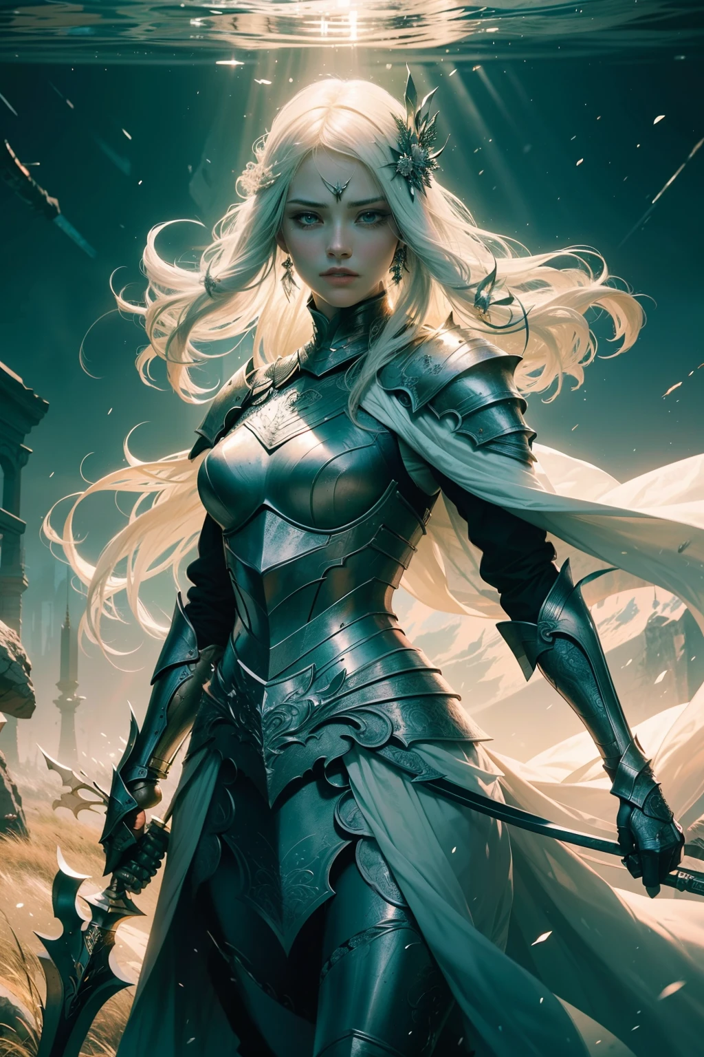 (High-Definition, 4K), A captivating image of a woman with elegantly flowing, white hair, reminiscent of cascading silken threads, portrays a portrait of a heroic, skilled knight in shining armor, emanating a radiating aura of courage and valor. The woman, dressed in flowing, elegant garments of silken fabrics, exudes an aura of poise and grace. The knight's face, a portrait of strength, showcases determined features, a stern jawline, and deeply set, piercing eyes. A vibrant, otherworldly garden scene unfolds in the background, filled with an array of vivid, exotic blooms, reflect