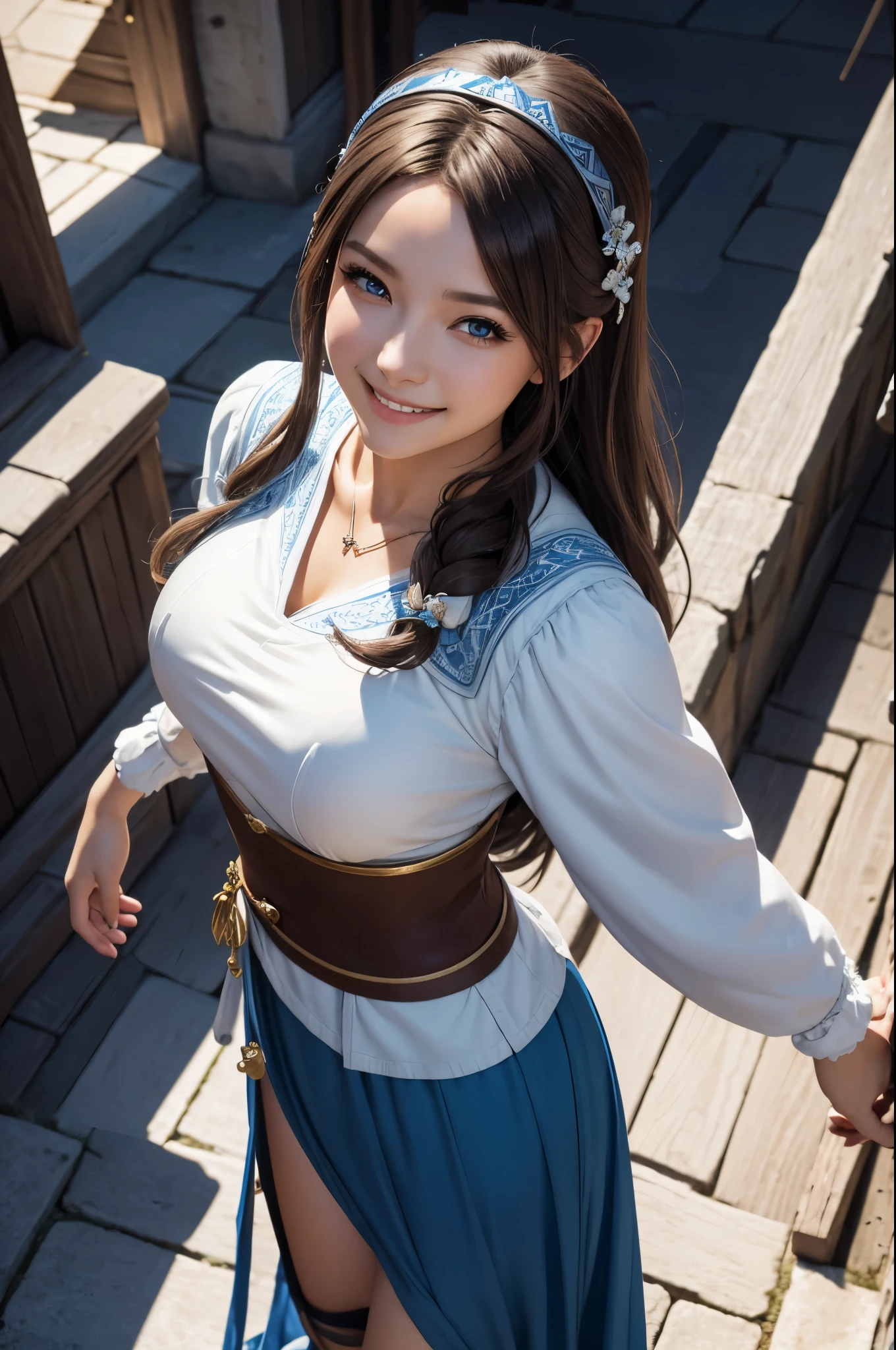 8K,A young medieval woman is shopping,smile,blue and white lady,white and blue skirt,brown hair,medieval shopping street,Photorealistic RAW photos of the highest quality。bright colors,rich colors, Backlight, cinematic lighting, film grain, to be born, 50mm lens, Nikon D850,realistic skin,fantasy art,character art,ultra high resolution,realistic skin,perspective from above,大きなsmile,hair ornaments,