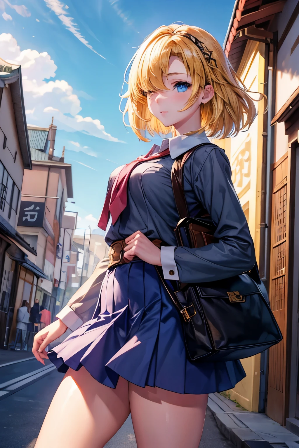 (masterpiece, ultra detailed), 1 girl, beautiful girl, Future princes guardian tales, blonde , blue eyes , short hair , japan school uniform, carrying bag, walking after school, hair over one eye, guardian tales, future princess