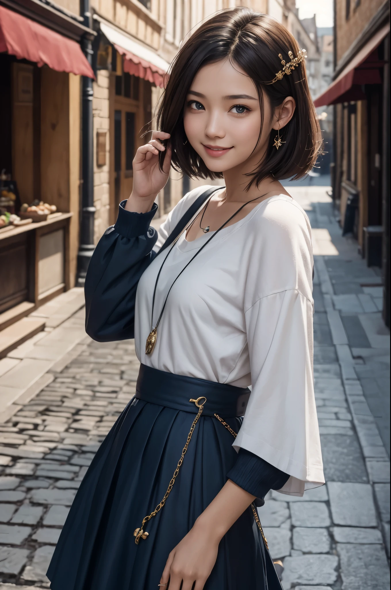 8K,A young medieval woman is shopping,smile,blue and white lady,white and blue skirt,brown hair,medieval shopping street,Photorealistic RAW photos of the highest quality。bright colors,rich colors, Backlight, cinematic lighting, film grain, to be born, 50mm lens, Nikon D850,realistic skin,fantasy art,character art,ultra high resolution,realistic skin,perspective from above,大きなsmile,hair ornaments,