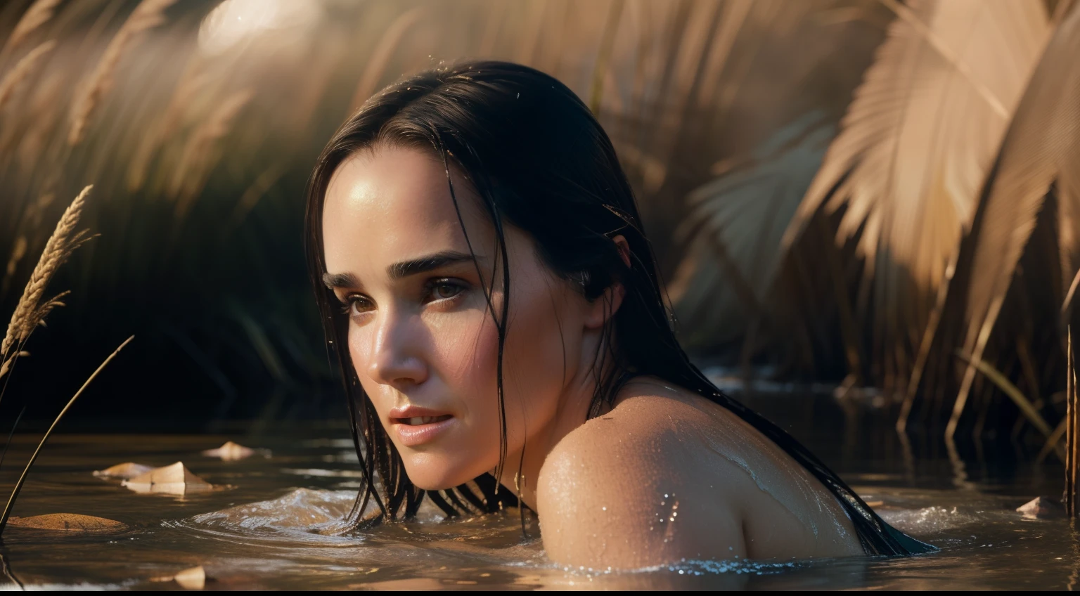 close up portrait of a cute woman (Jennifer Connelly) bathing in a river, reeds, (backlighting), realistic, masterpiece, Soaked in water, Topless, highest quality, lens flare, shade, bloom, [[chromatic aberration]], by Jeremy Lipking, by Antonio J. Manzanedo, digital painting,