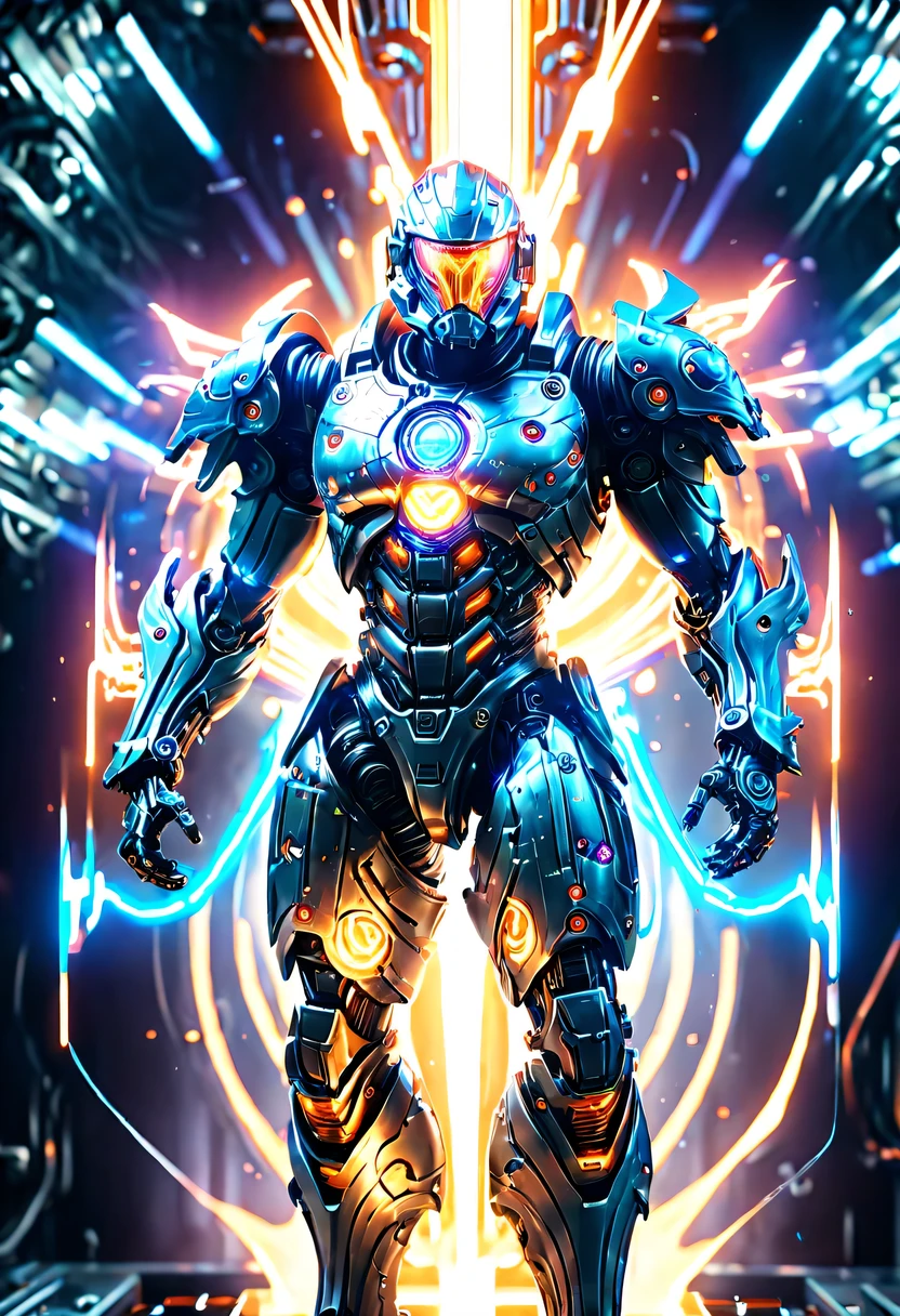 (battlefield background:1.8),(Legendary Energy Light Warrior:1.5),Sci-fi transparent ethereal shield,future warrior,Mechanical Warrior,mechanical structure,cyberpunk,Holographic projection,fault art,mechanical aesthetics,neon lights,laser light,fluorescence,glow effect,liquid metal,Copper plate engraving,Unreal Engine