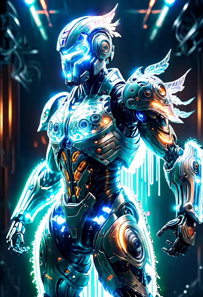 (battlefield background:1.8),(Legendary Energy Light Warrior:1.5),Sci-fi transparent ethereal shield,future warrior,Mechanical Warrior,mechanical structure,cyberpunk,Holographic projection,fault art,mechanical aesthetics,neon lights,laser light,fluorescence,glow effect,liquid metal,Copper plate engraving,Unreal Engine