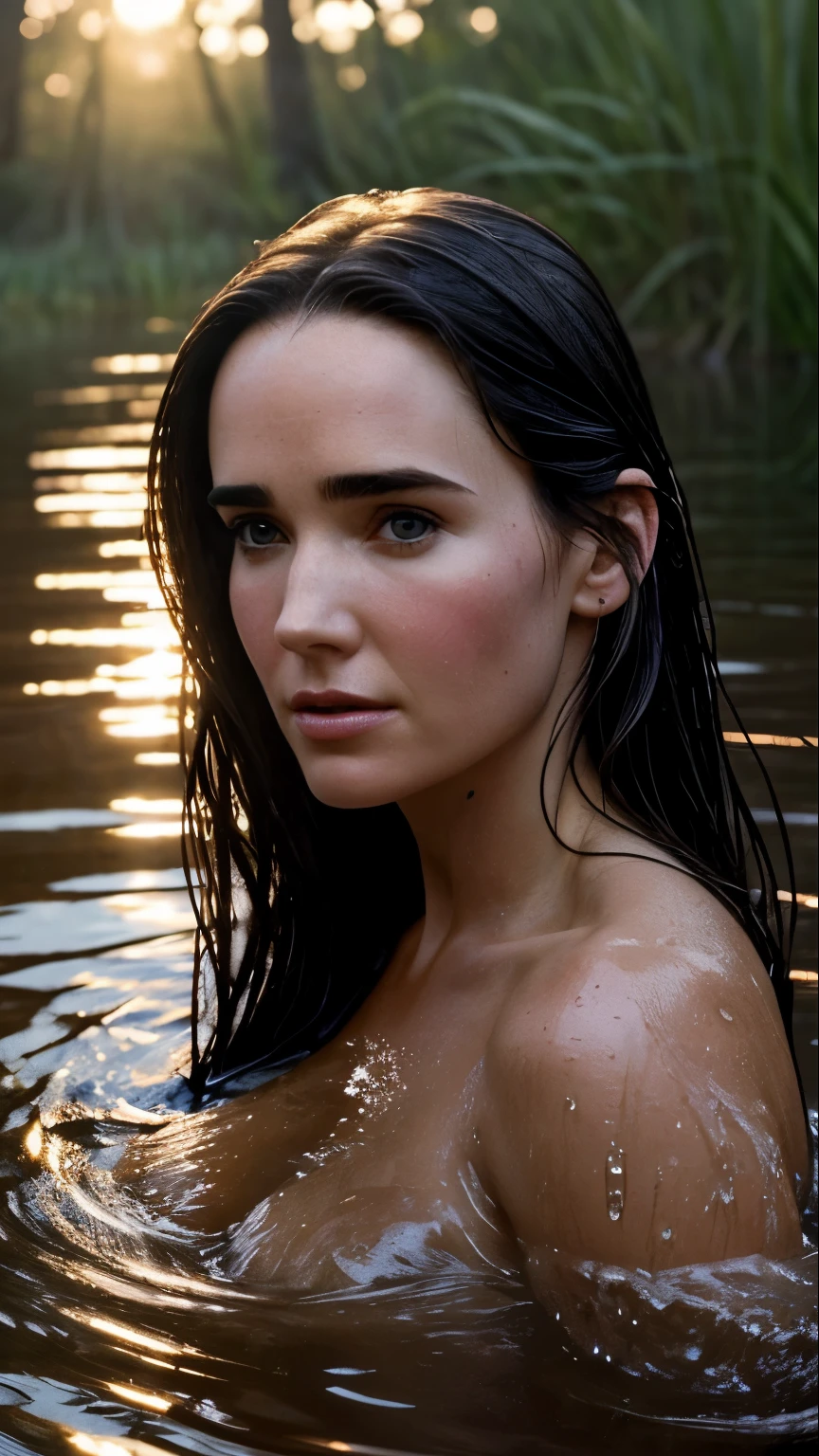 (((1girl))), portrait of a african goddess, blurry background, sunburnt ebony skin, (extreme long light straight hair, tangled hair, messy hair), wavy at the height of the back, (((jade eyes))), fluffy turned, ((big cheeks)), bathing in the natural, naked in a deep river and transparent waters, only with the head and neck out of the water, between reeds, (backlit), ,18 years old, realistic, wearing naked_bandage brown, masterpiece, high quality, brightness, shadow, flower, [[chromatic aberration]], by Jeremy Lipking,  by Antonio J. Manzanedo, digital painting, Brazilian, 8k uhd, forest, river, wood, smoke, shadows, contrast, clear sky, style, (warm hue, warm tone)