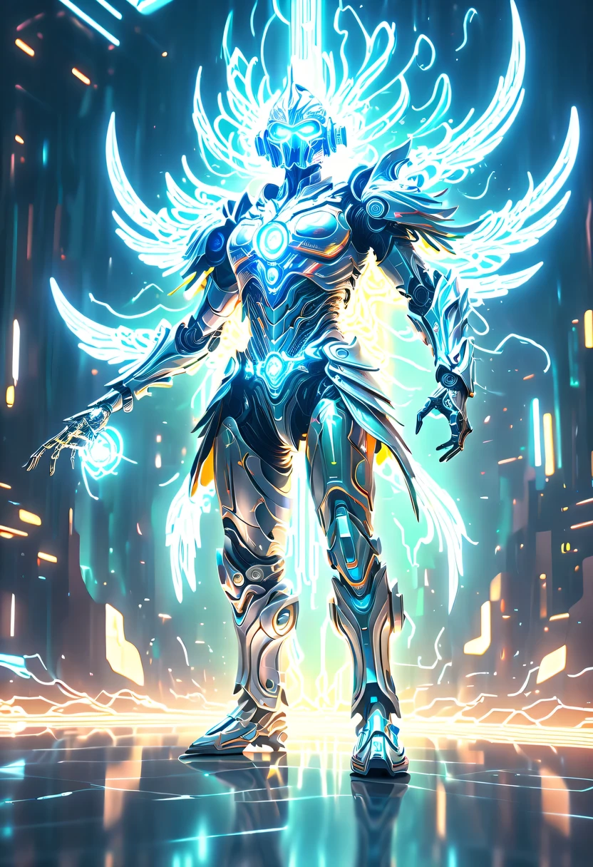 (battlefield background:1.8)，hyper detailed masterpiece，Dynamic，amazing quality，Floating super large ethereal warrior，，(Legendary Energy Light Warrior:1.5)，future warrior，mechanical structure，Mechanical Warrior，liquid metal，Copper plate engraving，Sci-fi transparent ethereal warrior，Metallic，Retro cyberpunk，Surrealism，The Arthur effect, transparent body, Gradient translucent glass melt, Caustics, transparent glass texture, rainbow colors, Designed by Dietrams, simple, Shining with rich details, White background, industrial design, The studio lights up, c4d, Overclocked renderer, Clean shadows, 4K，cyberpunk，Holographic projection，fault art，mechanical aesthetics，neon lights，laser light，fluorescence，glow effect，liquid metal，Copper plate engraving，Unreal Engine