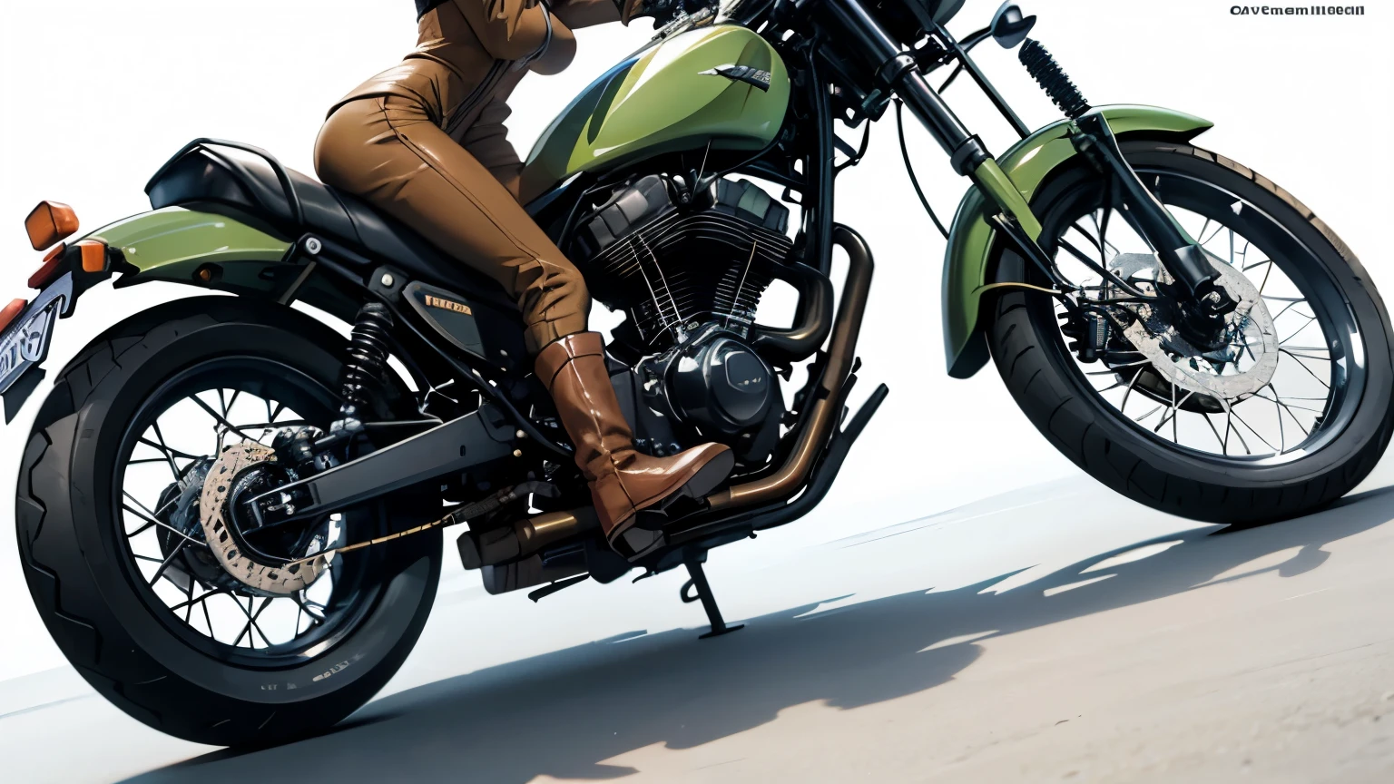 Arafed afro woman in a military jumpsuit and boots lying on a CCM Spitfire Scrambler 600 motorcycle, photo of a female motorcyclist, motorcycle, motor, motorcycles, sitting on a CCM Spitfire Scrambler 600 motorcycle, riding a motorcycle, session photos, motorcycle, la super hot and sexy, dressed in biker leather, 3389861569, promotional photo shoot,on white background