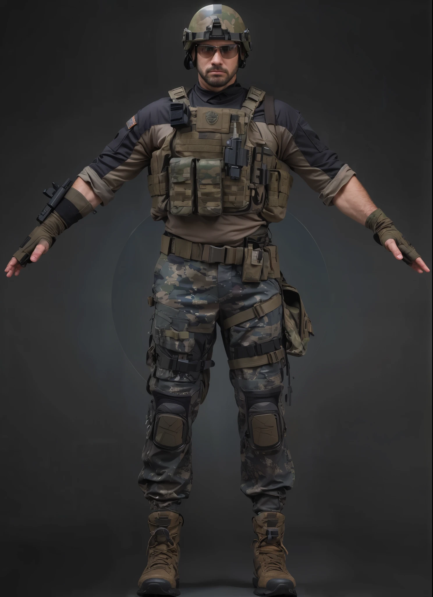 (masterpiece),(best quality:1.0),(ultra highres:1.0), closeup, 1 man , special forces, serious look, face focus, beard , tactical helmet, clear lenses, microphone, camouflage pants, wallpaper 8k, full body