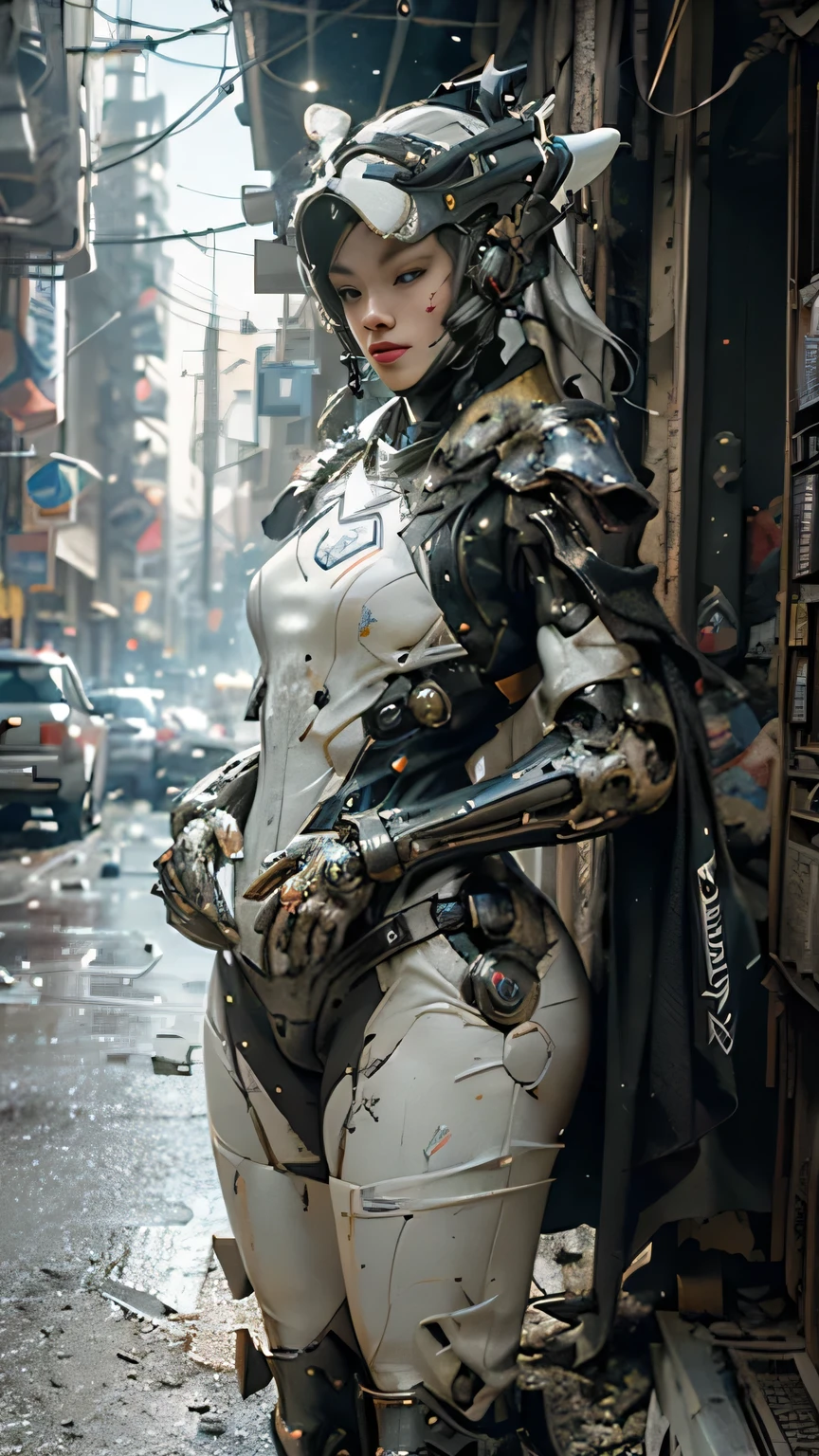 ((best quality)), ((masterpiece)), ((realistic)), (detailed), (photorealistic:1.5), a futuristic girl, (thick body), (white bodysuit), lights on armor, cybernetic headwear, looking at viewer, dynamic pose, post apocalyptic, destroyed city background, buildings on fire, science fiction, hdr, ray tracing, nvidia rtx, super-resolution, unreal 5, subsurface scattering, pbr texturing, post-processing, anisotropic filtering, depth of field, maximum clarity and sharpness, rule of thirds, 8k raw, (luminescent particles:1.4), (extremely detailed cg, unity 8k wallpaper, 3d, cinematic lighting, lens flare), reflections, sharp focus, cyberpunk art, cyberpunk architecture,