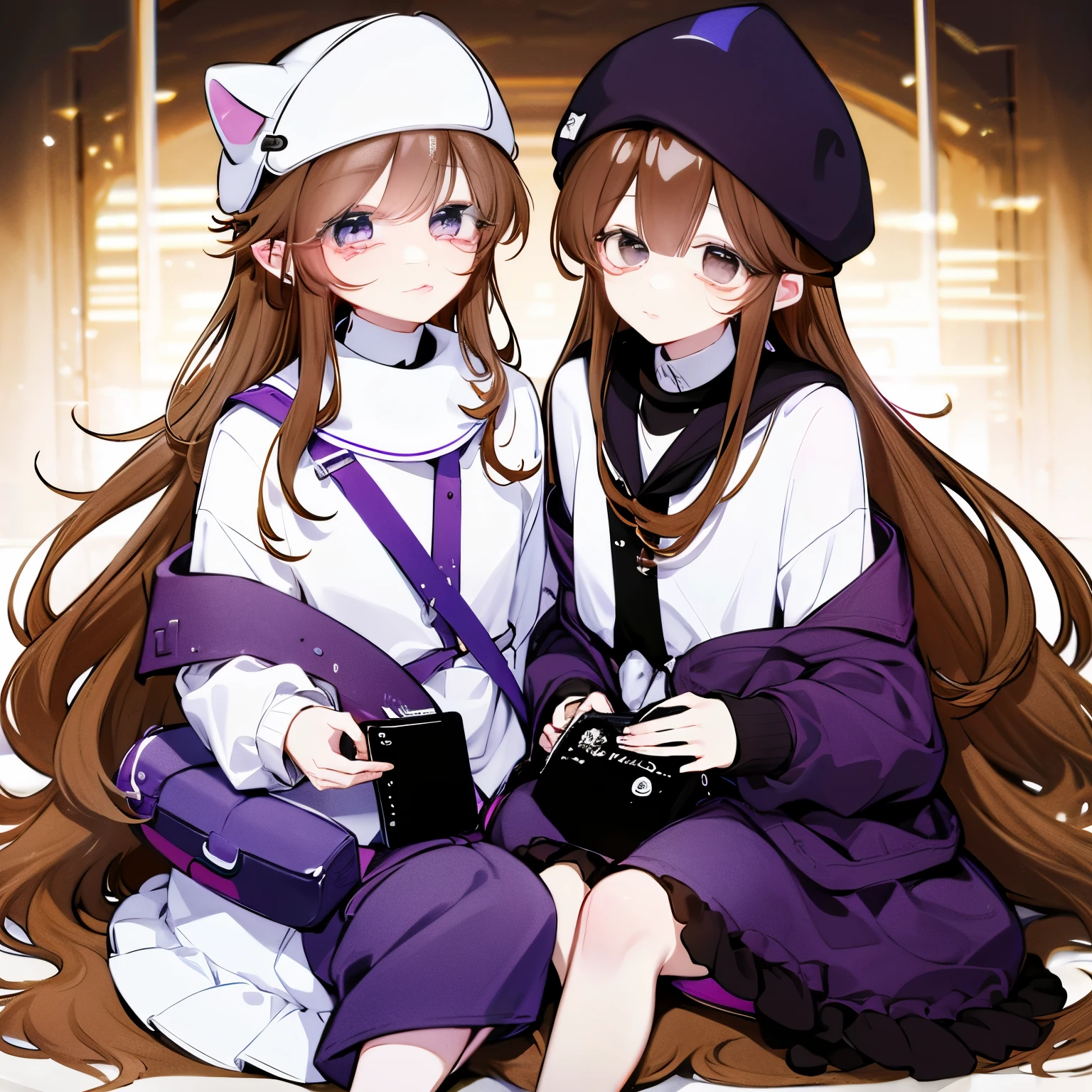 purple clothes, white cap shorts brown eyes, long brown hair, full length
