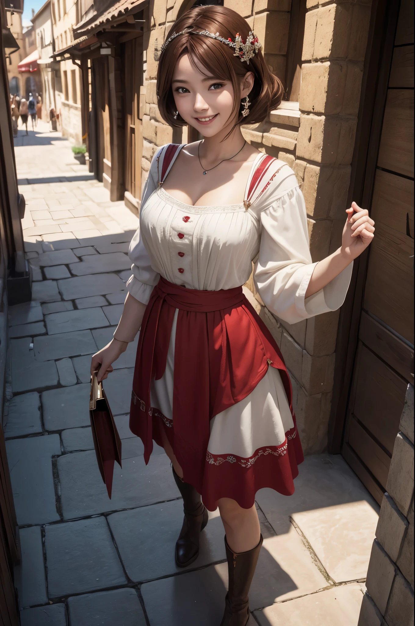 8K,A young medieval woman is shopping,smile,red and white lady,white and red skirt,Brown hair short bob,medieval shopping street,Photorealistic RAW photos of the highest quality。bright colors,rich colors, Backlight, cinematic lighting, film grain, to be born, 50mm lens, Nikon D850,realistic skin,fantasy art,character art,ultra high resolution,realistic skin,perspective from above,大きなsmile,hair ornaments,