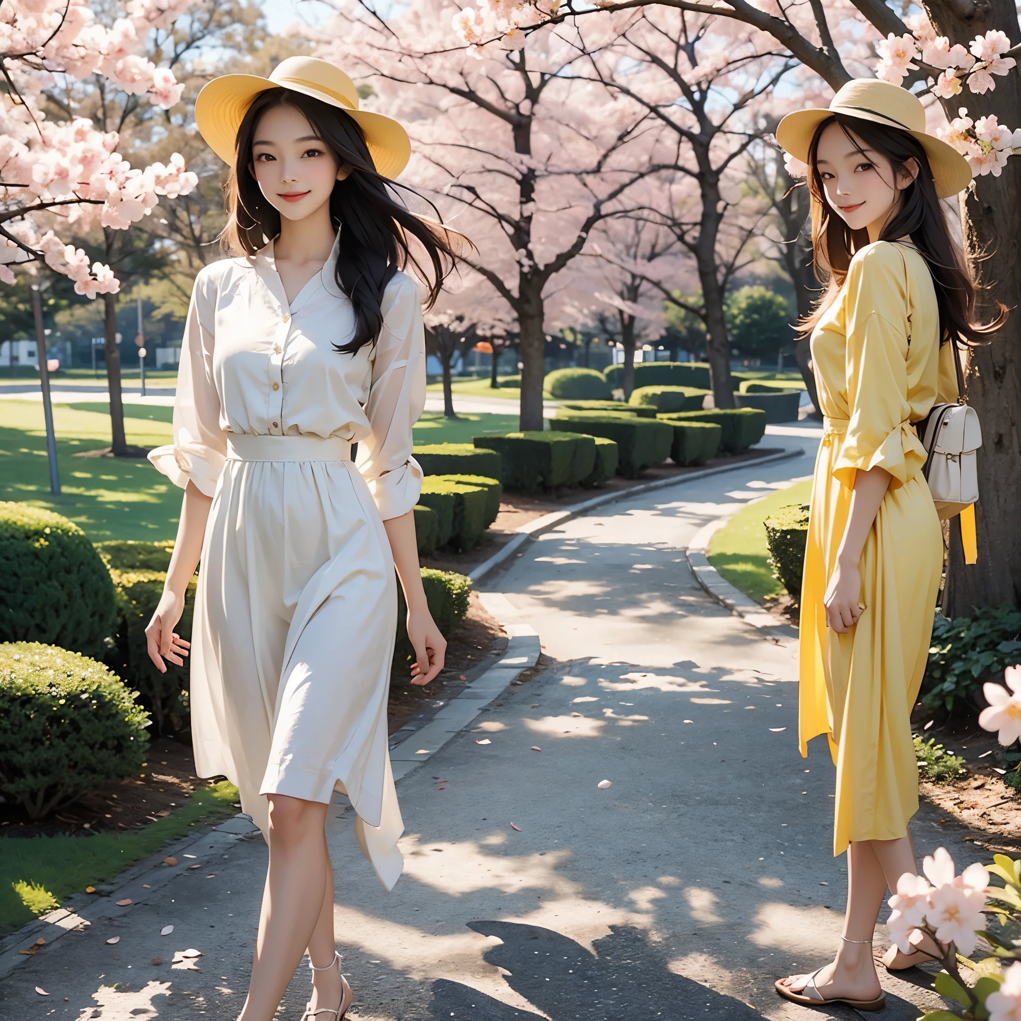 Beautiful slim Asian girl on a walk, walking in the park with cherry blossoms, red lady hat, yellow dress, white blouse, brunette, long hair developing in the wind, girl smiling, ultra high quality image, high detail,