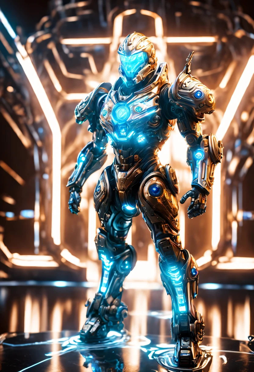 (battlefield:1.6),(Legendary Energy Light Warrior:1.5),Sci-fi transparent ethereal shield,future warrior,Mechanical Warrior,mechanical structure,cyberpunk,Holographic projection,fault art,mechanical aesthetics,neon lights,laser light,fluorescence,glow effect,liquid metal,Copper plate engraving,Unreal Engine