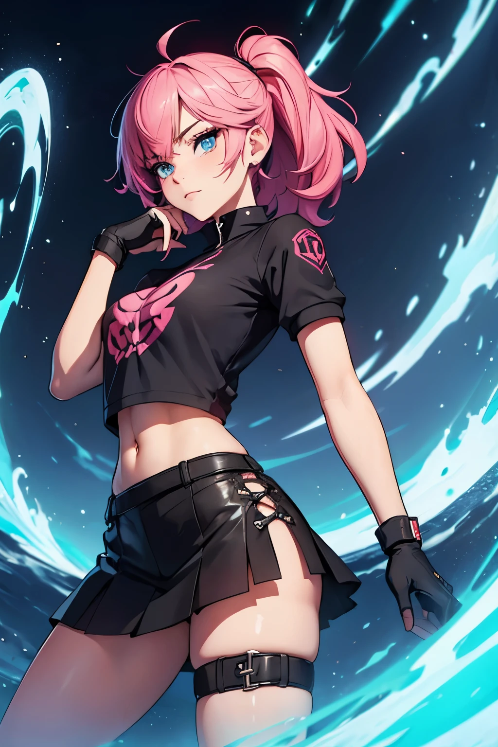 Point Blank style character, sketch drawing, colored, detailed art, girl with pink princess-style hair, blue eyes, soft red makeup around her eyes, in a black top and punk-style accessories, in a black skirt, with a tattoo on her shoulder and thigh , wearing gloves in a dynamic pose