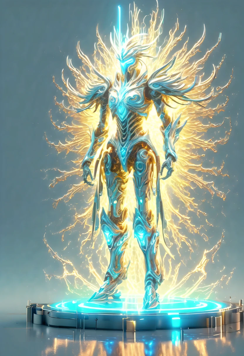 battlefield，hyper detailed masterpiece，Dynamic，amazing quality，Floating super large ethereal warrior，，(Legendary Energy Light Warrior:1.5)，future warrior，mechanical structure，Mechanical Warrior，liquid metal，Copper plate engraving，Sci-fi transparent ethereal warrior，Metallic，Retro cyberpunk，Surrealism，The Arthur effect, transparent body, Gradient translucent glass melt, Caustics, transparent glass texture, rainbow colors, Designed by Dietrams, simple, Shining with rich details, White background, industrial design, The studio lights up, c4d, Overclocked renderer, Clean shadows, 4K，cyberpunk，Holographic projection，fault art，mechanical aesthetics，neon lights，laser light，fluorescence，glow effect，liquid metal，Copper plate engraving，Unreal Engine