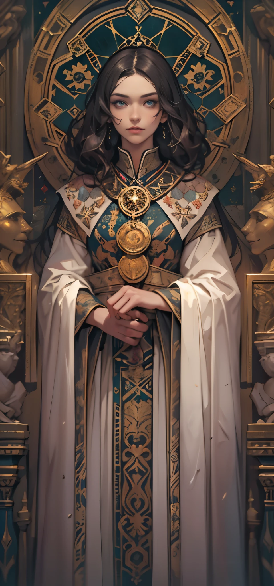 "Digital art illustration, masterpiece quality, ultra detailed character design of Lady Isolde, late 30s, ethereal beauty, deep captivating eyes, dressed in elaborate Grand Inquisitor uniform with symbols of The Holy Ethereal, aura of power and determination, background hinting at shadowed halls of power and sacred chambers. Art style: Renaissance dark erotic fantasy, high resolution, HDR lighting, intricate details, (by oprisco:1.2), (by marat safin:1.2), (masterpiece:1.5), (ultra detailed character design:1.5), wide angle lens."