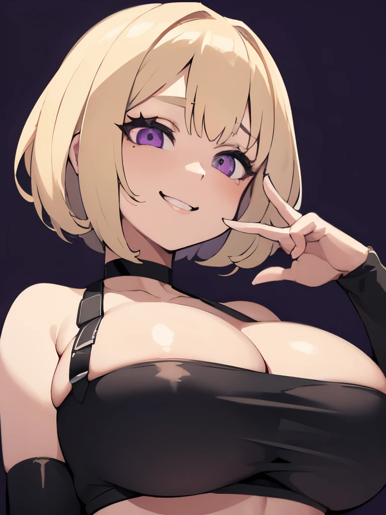 1 girl,blonde hair,bob,Patsun bangs,purple eyes,shaped pupils,big breasts,big breasts,cute,smile,Happy,heavy breathing,trembling,put your hand on your face,crop top,choker