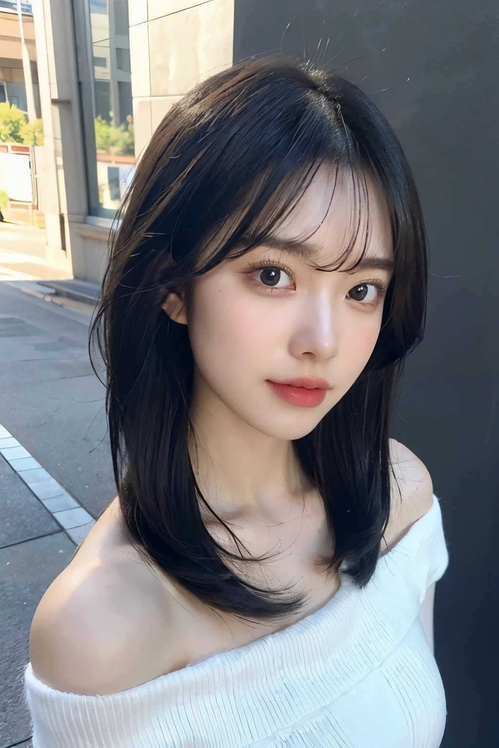((best quality:1.2, 8k, Photorealistic:1.2, masterpiece:1.2, Super fine :1.2, a beautiful woman, backlight, Highly detailed facial textures, Detailed beauty makeup, Realistic skin, Detailed double eyelids, black eyes, Delicate bangs)), (Big breasts), (((white off-shoulder sweater))), ((hot pants)), (park background), (Awkward), (Gently flip hair for subtle shiny black),((overhead shot))