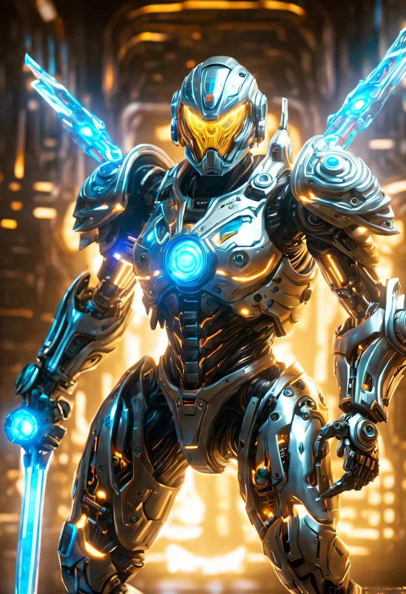 battlefield,(Legendary Energy Light Warrior:1.5),Sci-fi transparent ethereal shield,future warrior,Mechanical Warrior,mechanical structure,cyberpunk,Holographic projection,fault art,mechanical aesthetics,neon lights,laser light,fluorescence,glow effect,liquid metal,Copper plate engraving,Unreal Engine