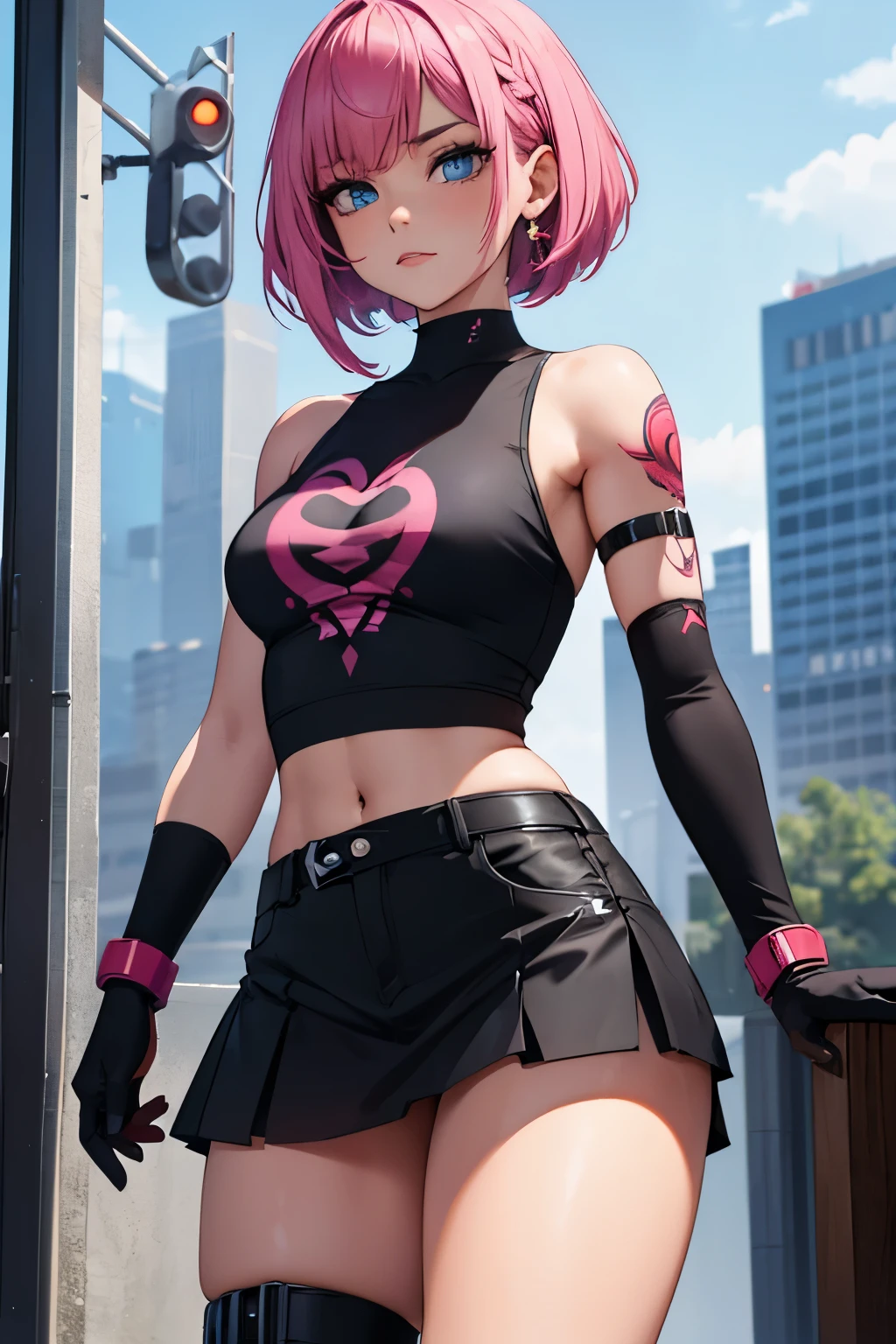 Point Blank style character, sketch drawing, colored, detailed art, girl with pink princess-style hair, blue eyes, soft red makeup around her eyes, in a black top and punk-style accessories, in a black skirt, with a tattoo on her shoulder and thigh , wearing gloves in a dynamic pose