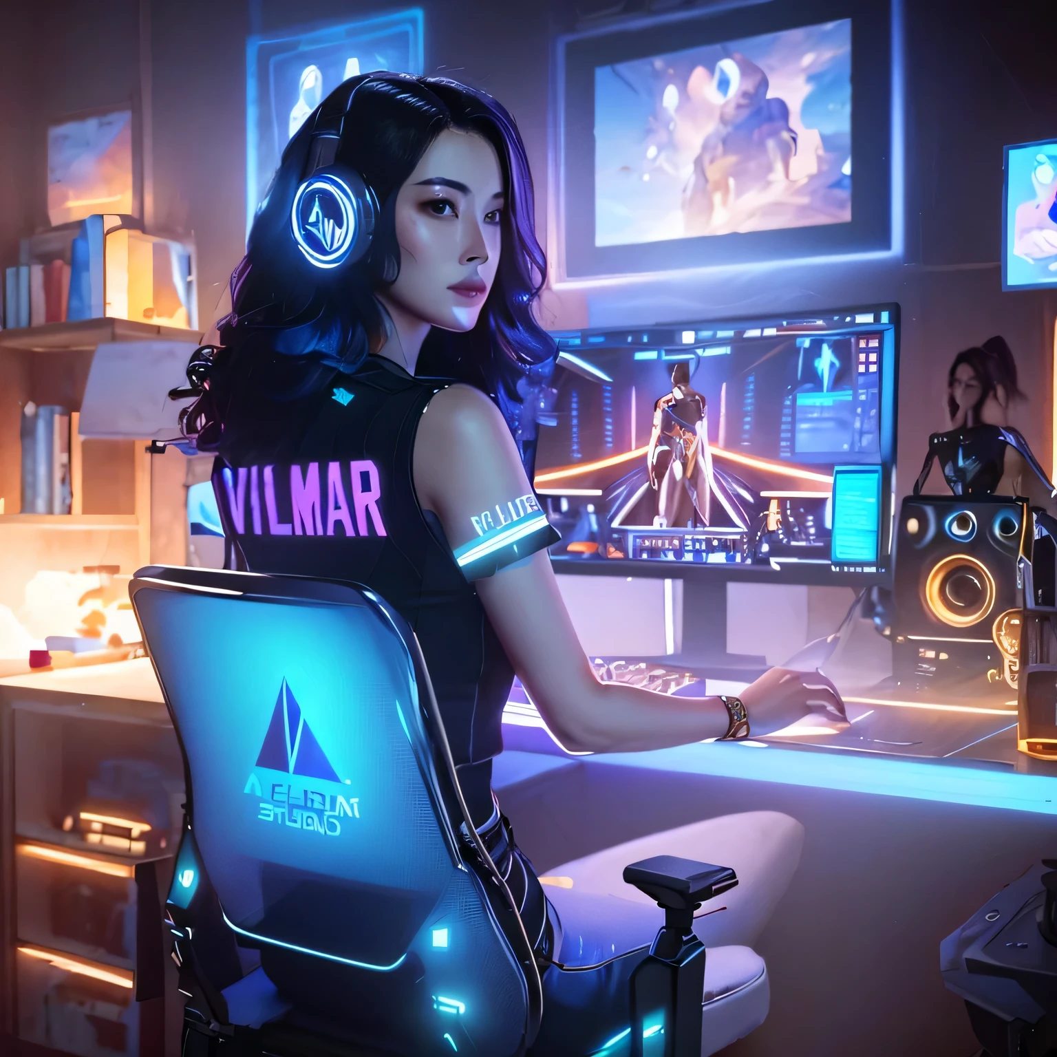 mujer de juego araf sentada en un escritorio con auriculares puestos, Art Station Headquarters, Estilo de juego de Valorant, Avatar de videojuegos, sala de juegos en 2 0 4 0, para contratar artista 3d, Ganador del concurso Artstation, gamer theme, Art Station Headquarters”, artgerm y atey ghailan, Valorizing character, Anuncios cyberpunk