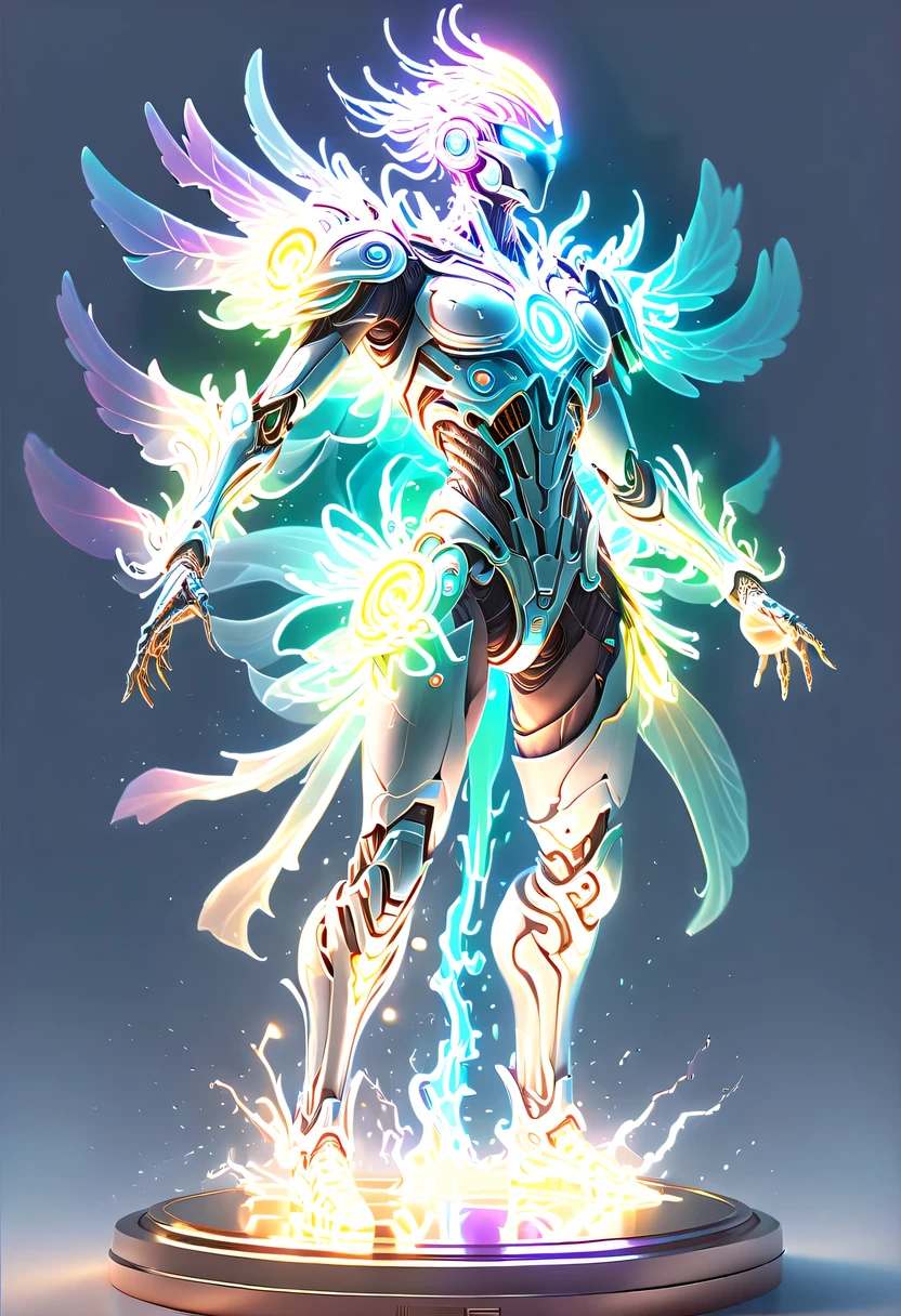 pastel tones，Light style，Comfortable and calm，nature，warm and cozy，garden，hyper detailed masterpiece，Dynamic，amazing quality，Floating super large ethereal warrior，，(Legendary Energy Light Warrior:1.5)，future warrior，mechanical structure，Mechanical Warrior，liquid metal，Copper plate engraving，Sci-fi transparent ethereal warrior，Metallic，Retro cyberpunk，Surrealism，The Arthur effect, transparent body, Gradient translucent glass melt, Caustics, transparent glass texture, rainbow colors, Designed by Dietrams, simple, Shining with rich details, White background, industrial design, The studio lights up, c4d, Overclocked renderer, Clean shadows, 4K，cyberpunk，Holographic projection，fault art，mechanical aesthetics，neon lights，laser light，fluorescence，glow effect，liquid metal，Copper plate engraving，Unreal Engine