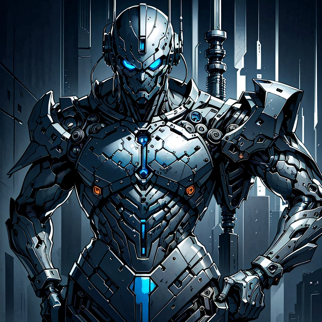 silver black blue tone,cool hip hop style，A man covered in machines，half face machine，Holding a knife and a gun，Mechanical Warrior，Extremely intricate details，best quality，masterpiece，Arrogant expression