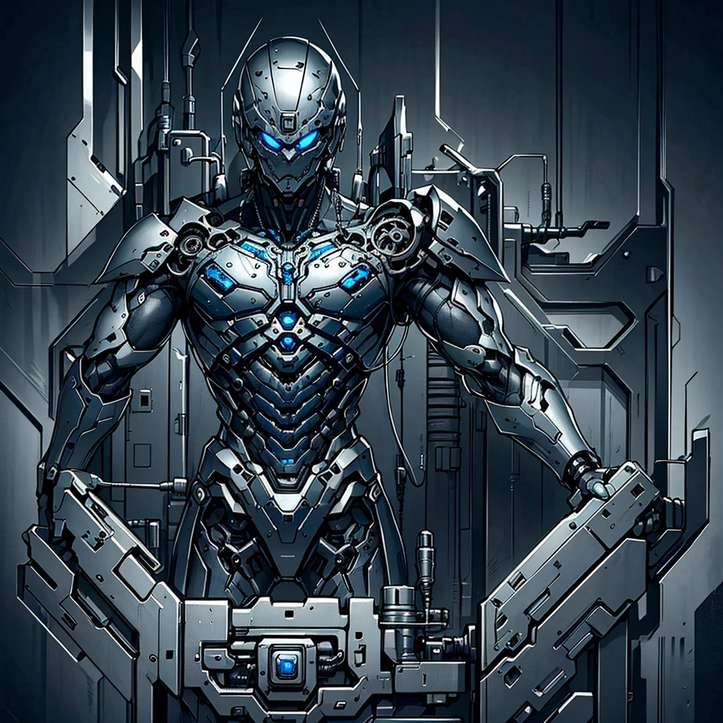 silver black blue tone,cool hip hop style，A man covered in machines，half face machine，Holding a knife and a gun，Mechanical Warrior，Extremely intricate details，best quality，masterpiece，Arrogant expression