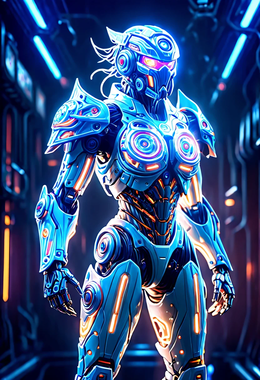 (Legendary Energy Light Warrior:1.5)，Sci-fi transparent ethereal shield，future warrior，Mechanical Warrior，mechanical structure，cyberpunk，Holographic projection，fault art，mechanical aesthetics，neon lights，laser light，fluorescence，glow effect，liquid metal，Copper plate engraving，Unreal Engine