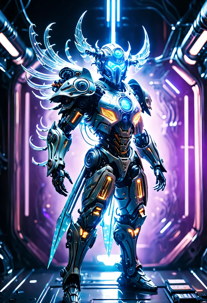 (Legendary Energy Light Warrior:1.5),Sci-fi transparent ethereal shield,future warrior,Mechanical Warrior,mechanical structure,cyberpunk,Holographic projection,fault art,mechanical aesthetics,neon lights,laser light,fluorescence,glow effect,liquid metal,Copper plate engraving,Unreal Engine