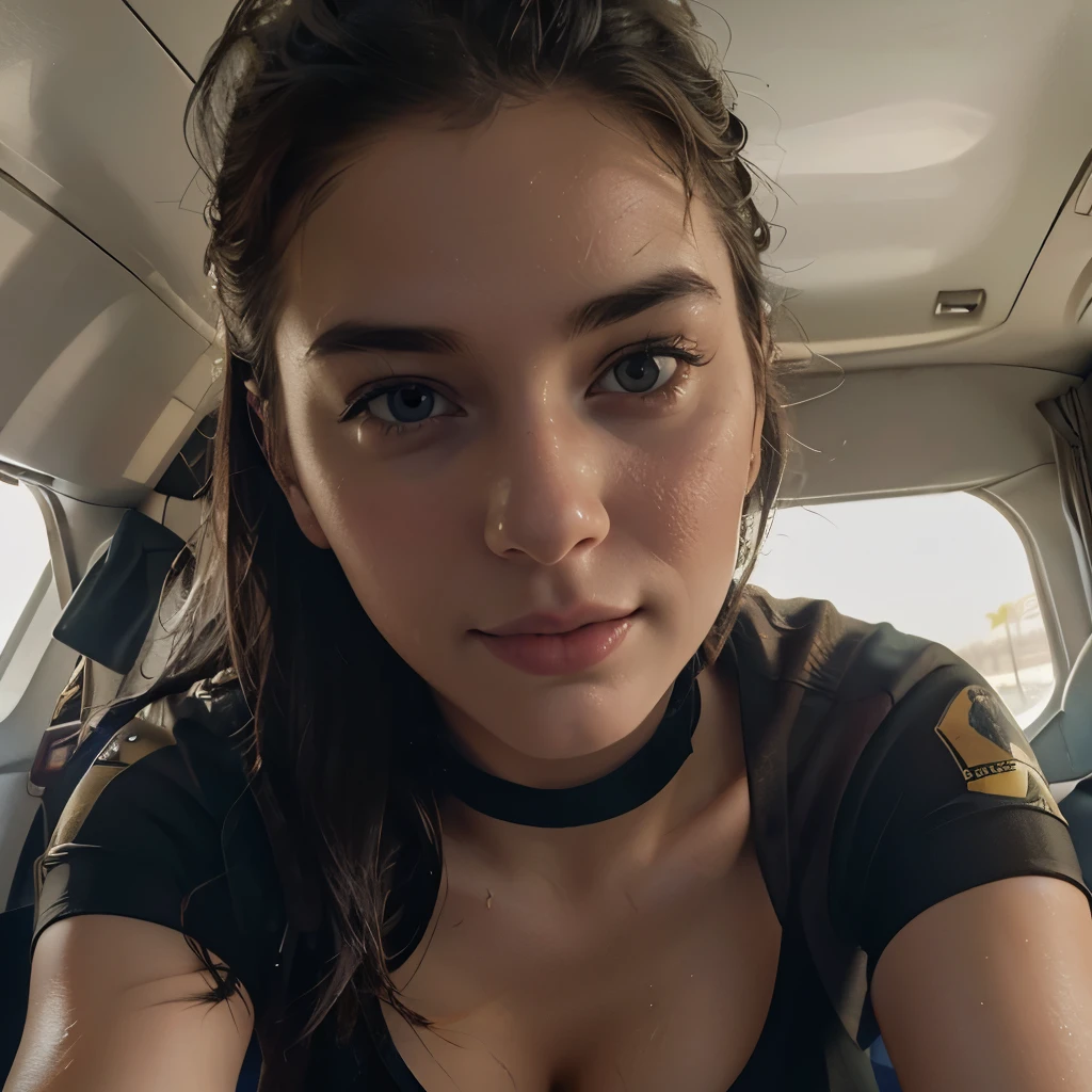 instagram photo, closeup face photo of 23 y.o Chloe in army uniform, cleavage, pale skin, (smile:0.4), hard shadows, cycling outfit, after shower with wet hair, airplane cockpit