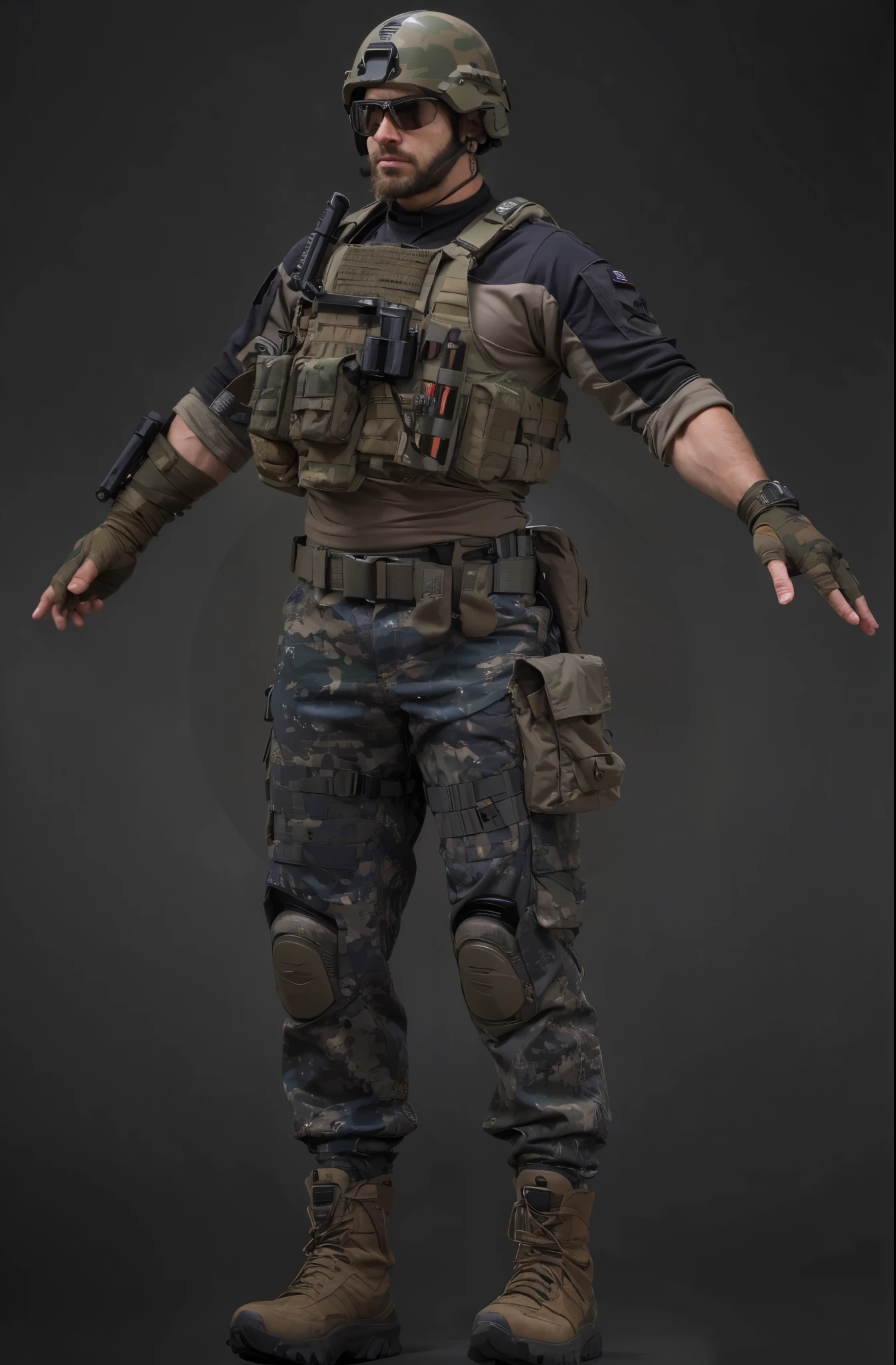 (masterpiece),(best quality:1.0),(ultra highres:1.0), closeup, 1 man , special forces, serious look, beard , tactical helmet, clear lenses, microphone, camouflage pants, wallpaper 8k, full body