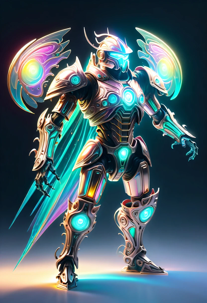 pastel tones,Light style,Comfortable and calm,nature,warm and cozy,garden,hyper detailed masterpiece,Dynamic,amazing quality,Floating super large ethereal warrior,,(Legendary Energy Light Warrior:1.5),future warrior,mechanical structure,Mechanical Warrior,liquid metal,Copper plate engraving,Sci-fi transparent ethereal warrior,Metallic,Retro cyberpunk,Surrealism,The Arthur effect, transparent body, Gradient translucent glass melt, Caustics, transparent glass texture, rainbow colors, Designed by Dietrams, simple, Shining with rich details, White background, industrial design, The studio lights up, c4d, Overclocked renderer, Clean shadows, 4K,cyberpunk,Holographic projection,fault art,mechanical aesthetics,neon lights,laser light,fluorescence,glow effect,liquid metal,Copper plate engraving,Unreal Engine