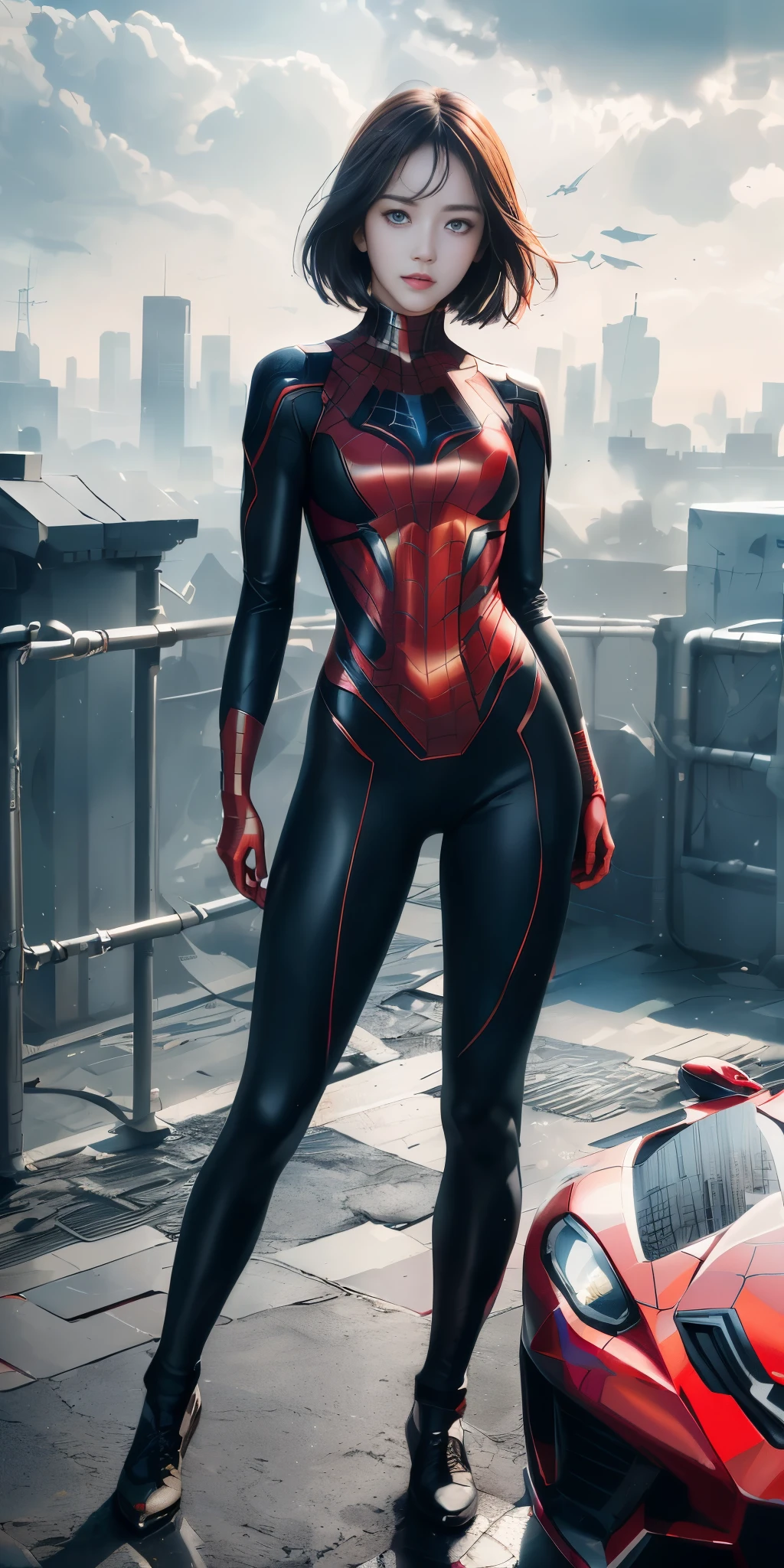 (((full body photo))) (1girl:1.3), Solo, (((Very detailed face)))), ((Very detailed eyes and face)))), Beautiful detail eyes, Body parts__, Official art, Unified 8k wallpaper, Super detailed, beautiful and beautiful, beautiful, masterpiece, best quality, original, masterpiece, super fine photo, best quality, super high resolution, realistic realism, sunlight, full body portrait, amazing beauty, dynamic pose, delicate face, vibrant eyes, (from the front), She wears Spider-Man suit, red and black color scheme, spider, very detailed city roof background, rooftop, overlooking the city, detailed face, detailed complex busy background, messy, gorgeous, milky white, highly detailed skin, realistic skin details, visible pores, clear focus, volumetric fog, 8k uhd, DSLR, high quality, film grain, fair skin, photo realism, lomography, futuristic dystopian megalopolis, translucent