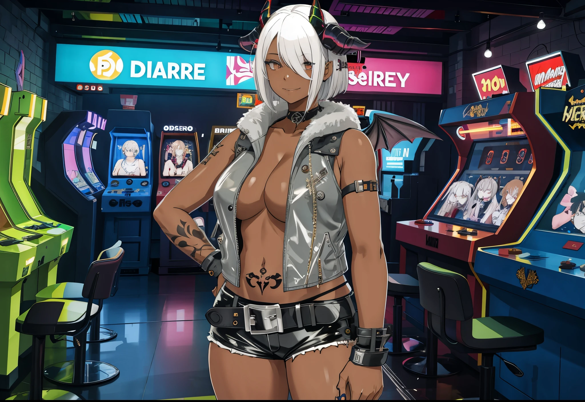 (masterpiece), 1girls, hair over eye, smirking, best quality, arcade indoors, dark, moody, slightly chubby girl, dark brown skin, dark grey sleeveless fur jacket, white hair, Short bob cut, black leather minishorts, black leather belt, goat horns, succubus wings and tail, black womb tattoo, black arm tattoo, choker, arcade room, dark, neon, moody