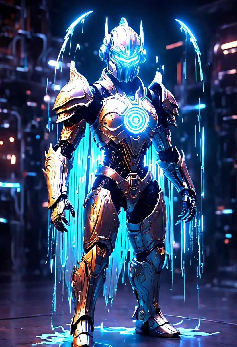 (Legendary Energy Light Warrior:1.5),Sci-fi transparent ethereal shield,future warrior,Mechanical Warrior,mechanical structure,cyberpunk,Holographic projection,fault art,mechanical aesthetics,neon lights,laser light,fluorescence,glow effect,liquid metal,Copper plate engraving,Unreal Engine