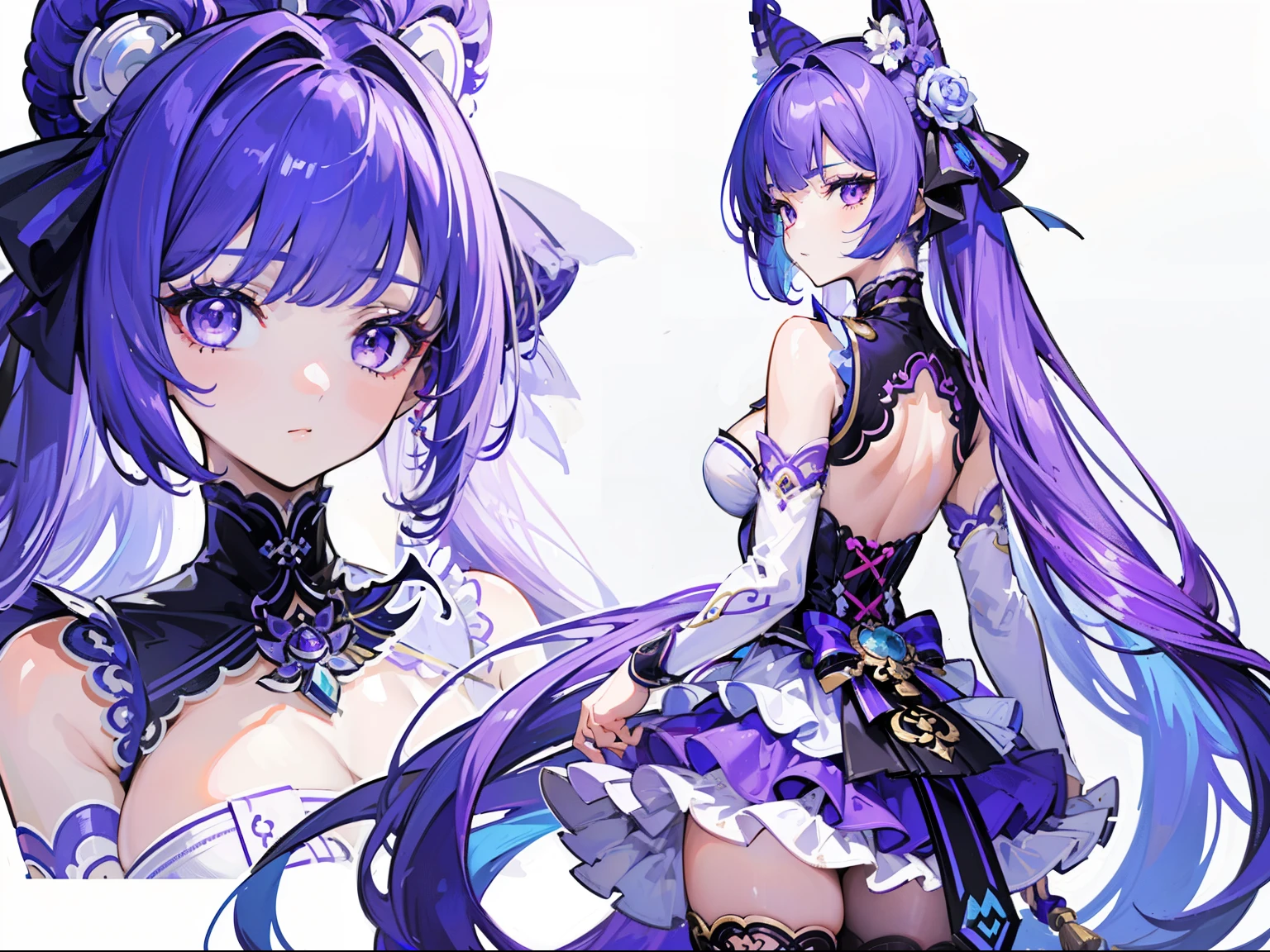((Masterpiece, Highest quality)), female girl, Detailed face, character design sheet, full bodyesbian, Full of details, frontal body view, back body view, Highly detailed, Depth, Many parts, tow tails cyan Spiral hair, purple eyes, very beautiful girl, violet color french outfit , Genshin Impact, ager body girl