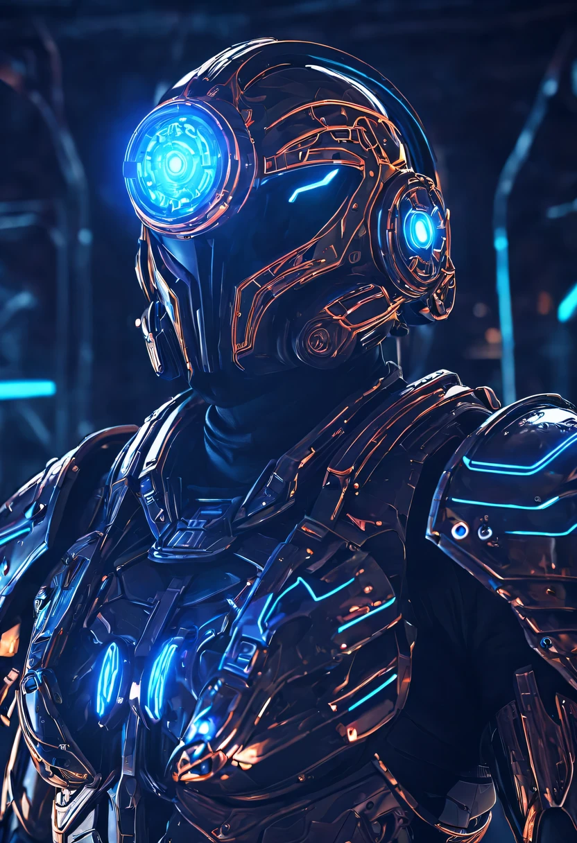 (Legendary Energy Light Warrior:1.5)，Sci-fi transparent ethereal shield，future warrior，Mechanical Warrior，mechanical structure，cyberpunk，Holographic projection，fault art，mechanical aesthetics，neon lights，laser light，fluorescence，glow effect，liquid metal，Copper plate engraving，Unreal Engine