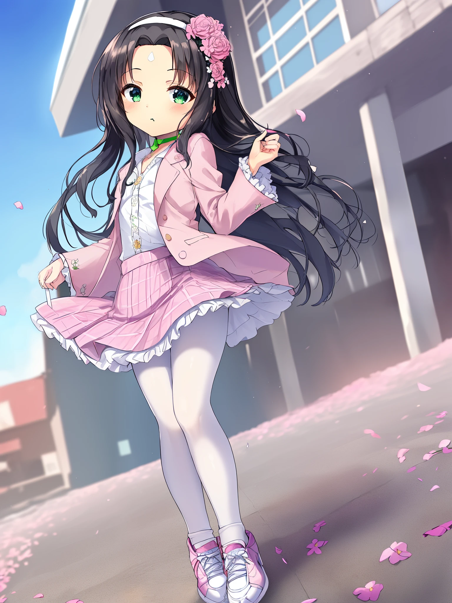 1 girl, solo, masterpiece, best quality, ultra resolution, ultra high details, 8k unity, (anatomically correct:1.5), (petite loli:1.6), (full body:1.2), (black hair:1.2), grey eyes, mid-length hair, high quality eyes, high quality hands, (white shirt:1.5), (pink suit jacket with embroidered flowers:1.5), (long sleeves:1.3), (frilled sleeves:1.3), (outfit open:1.6), (white plaid skirt:1.5), (wide hairband:1.3), pink bow, (present forehead:1.3), (white pantyhose:1.3), pink white sports shoes, (green choker:1.3), (urban lane:1.3), (sunny sky:1.2), high quality background, extreme detailed background