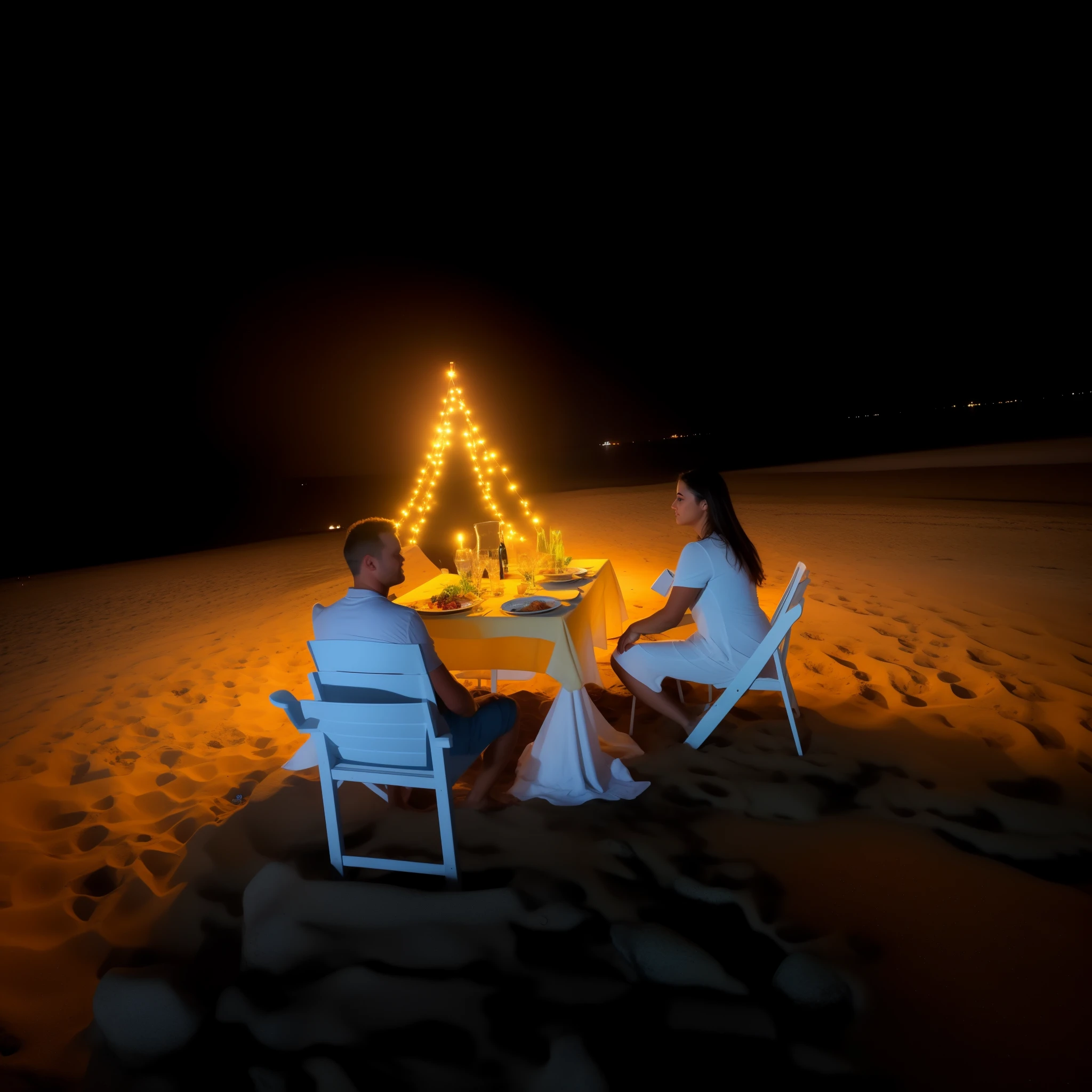 people sitting around a table on the beach at night, sentado na praia at night, beach scenery, in a seaside setting, romantic, romantic atmosphere, outdoors at night, romantic!!!, fotografia noturna, ambient lighting at night, na areia, sentado na praia, Dinner is served, romantic lighting, ambiente aconchegante, ambiente bonito, Primeiro plano noturno
