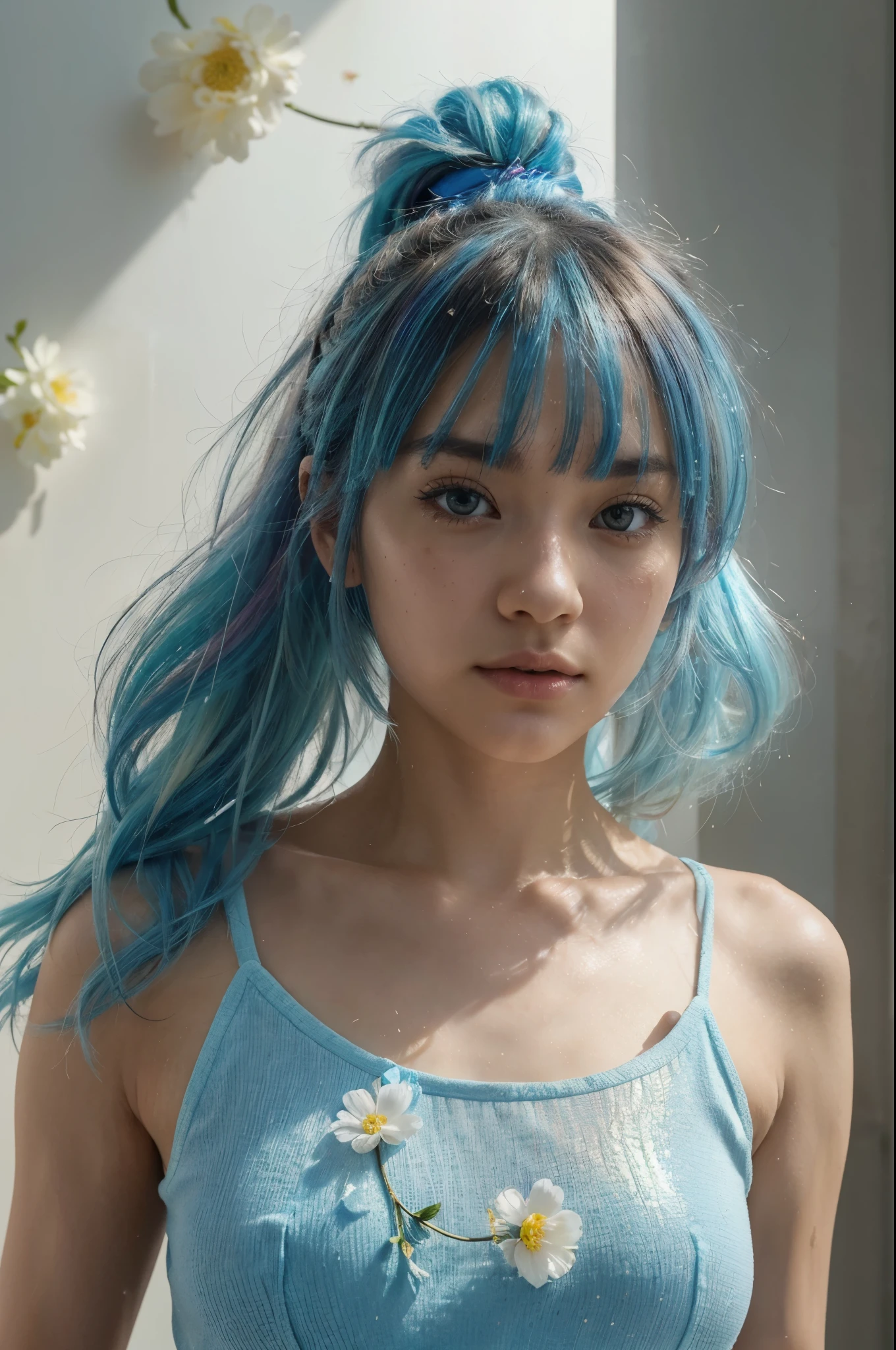 (Real: 1.4), Best Quality, Ultra High Definition, 4K, Instagram, Instagram, Details, Model Photos, Instagram, (masterpiece), (best quality), (ultra detailed),(disheveled hair),(illustration), (1girl), (Fashionable clothing), standing, Fashion model, looking at viewer, (interview), (simple background),beautiful detailed eyes, delicate beautiful face, Floating,(high saturation),(colorful splashes),colorful bubble,(shining), focus on face, ponytail, kamisato ayaka, light blue hair, bangs, hair ring, floating flowers, floating hairs, (shining), best lighting, best shadow,