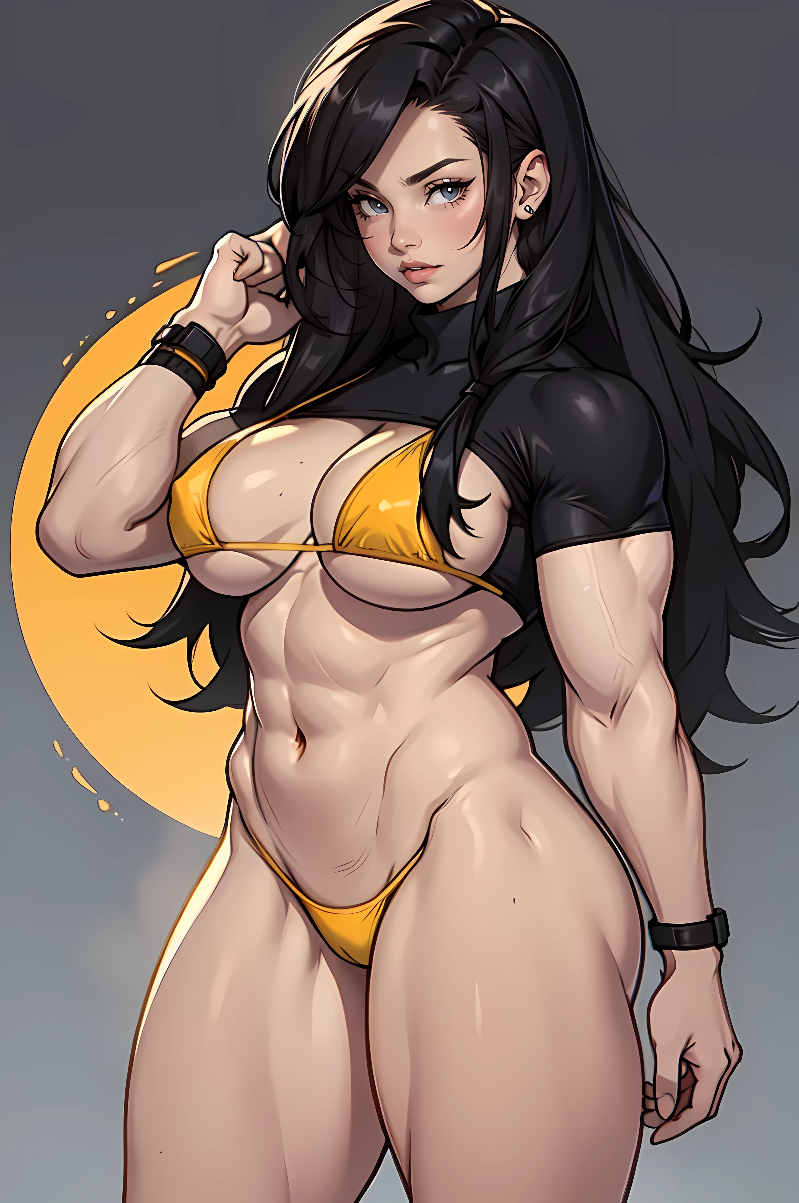 (1girl) pale skin huge breasts muscular toned body thick thighs black hair yellow eyes (bikini long hair grey background) bodybuilder