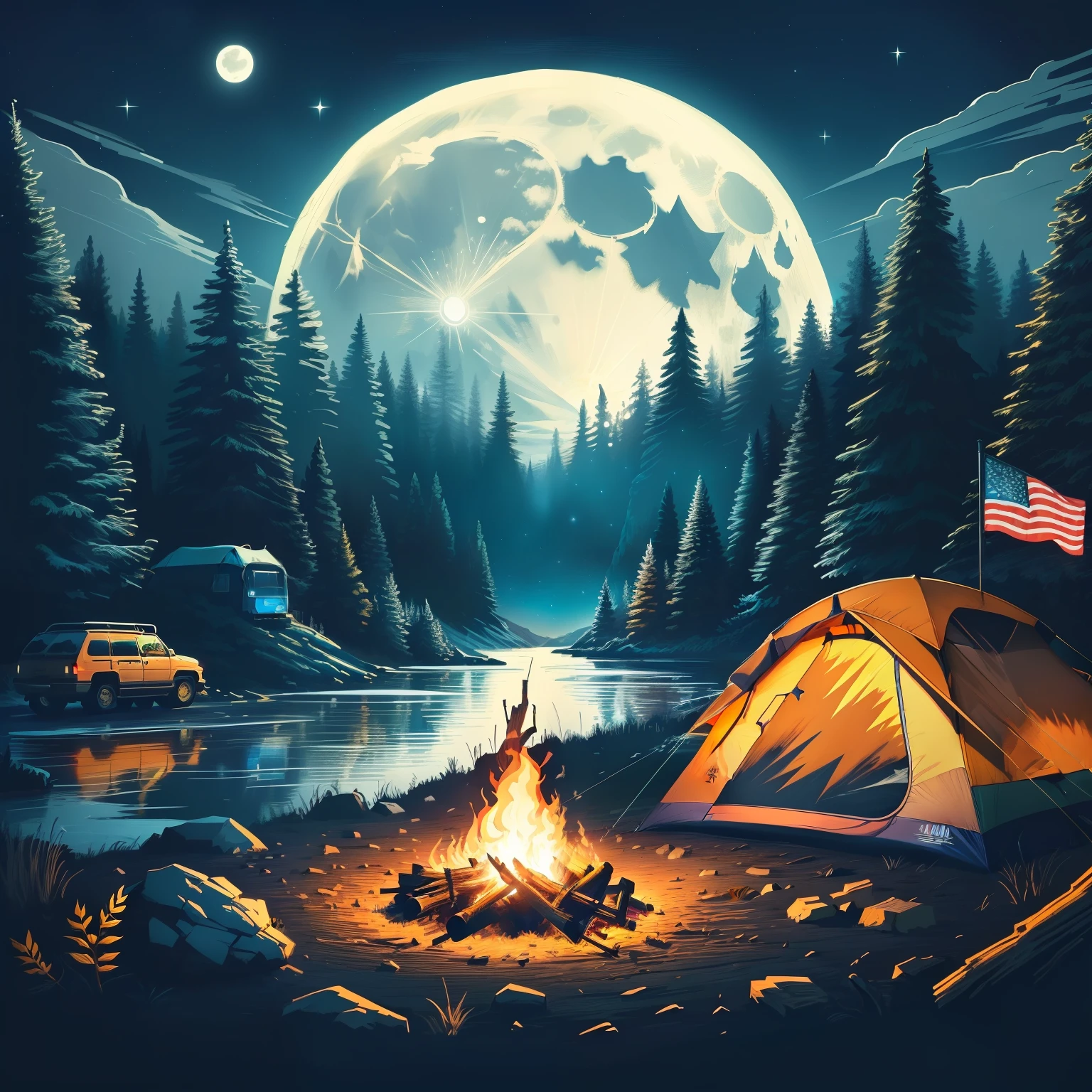 a close up of a tent near a campfire with a full moon in the background, calm night. digital illustration, campfire background, camping, jen bartel, campfire, in the style dan mumford artwork, background artwork, at a campfire at night, camp fire, dan mumford paint, nighttime nature landscape, by Dan Mumford, by Justin Gerard, painting by dan mumford