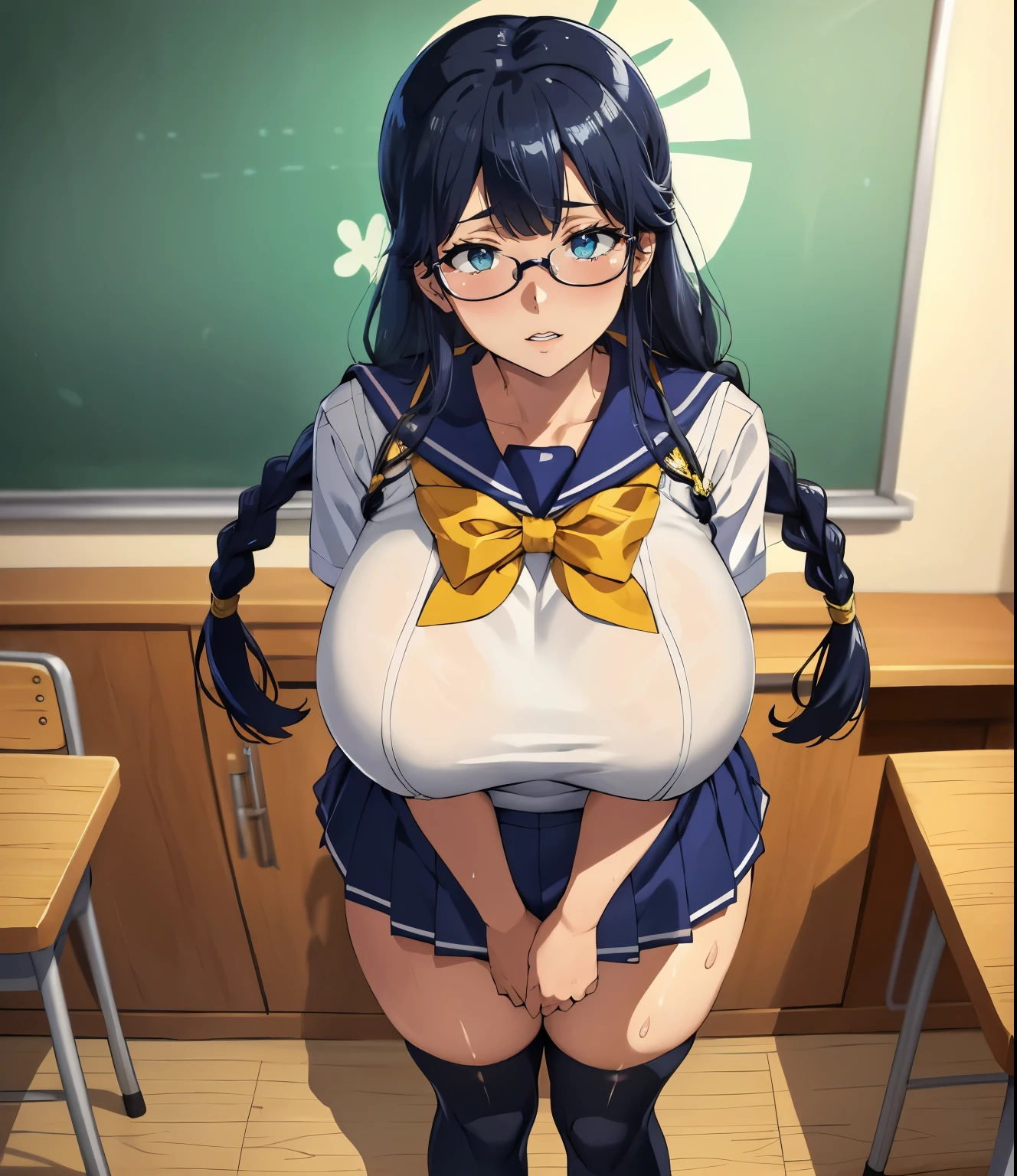 (background bokeh:1.2)、(School、classroom)、(Glasses)、Super detailed illustrations、Super precise expression、masterpiece、highest quality、ultra High resolution、High resolution、(Look like you're about to cry、anxious look、Frightened look:1.4)、Support your chest with your arms、(big breasts、Sweat、body fluid、shiny skin:1.4)、(black hair、long hair、Braid、Glasses、Patsun bangs)、Standing picture、(sailor suit, Navy blue miniskirt,knee socks ), (Mommyfy)、(scared expression)