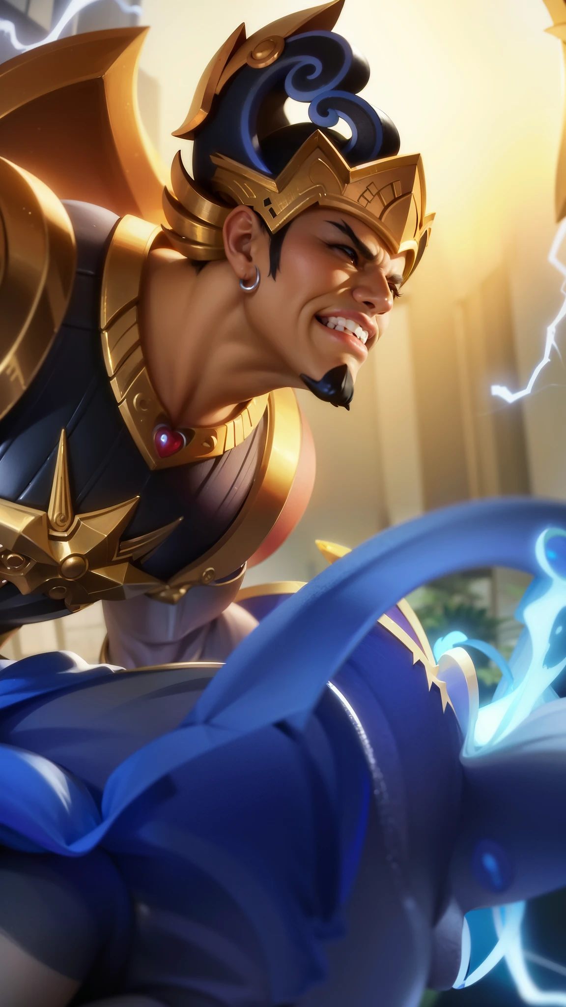 Masterpiece, ultra HD, detailed all picture, a close up of a devil, gatotkaca from mobile legend, evil, extremely detailed artgerm, mobile legends character, inspired by gatotkaca, Six pack chest and abs, yellow jewel above the chest.