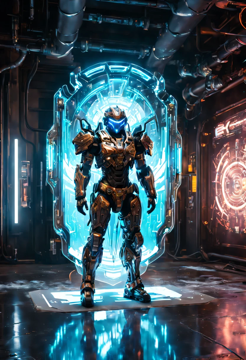 (Legendary Energy Light Shield:1.5),Sci-fi transparent ethereal shield,future warrior,Mechanical Warrior,mechanical structure,cyberpunk,Holographic projection,fault art,mechanical aesthetics,neon lights,laser light,fluorescence,glow effect,liquid metal,Copper plate engraving,Unreal Engine