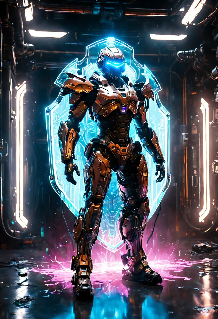 (Legendary Energy Light Shield:1.5),Sci-fi transparent ethereal shield,future warrior,Mechanical Warrior,mechanical structure,cyberpunk,Holographic projection,fault art,mechanical aesthetics,neon lights,laser light,fluorescence,glow effect,liquid metal,Copper plate engraving,Unreal Engine
